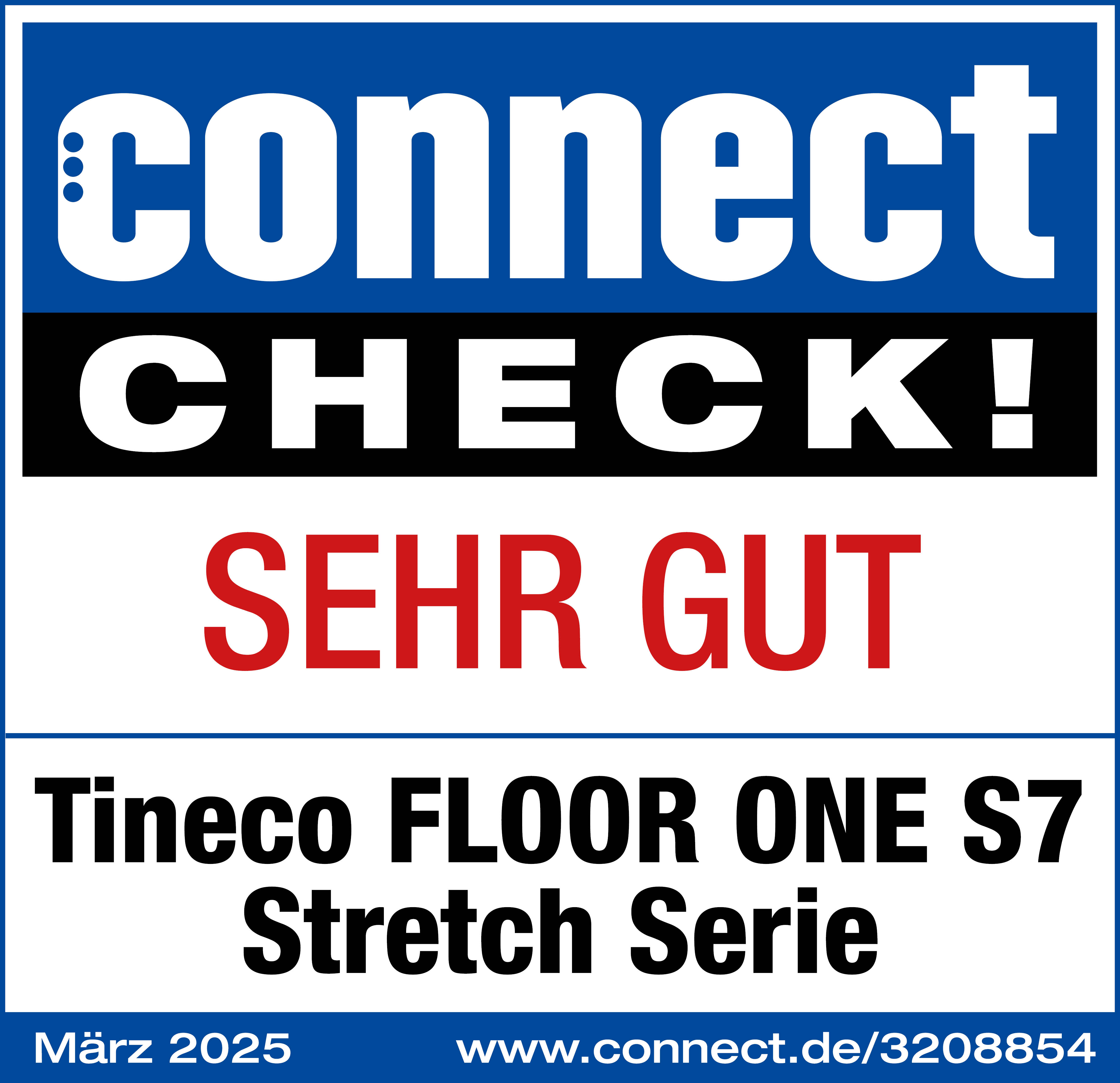 Ein blau-weißes Connect Check!-Label. Text: 'CHECK! SEHR GUT' und 'Tineco FLOOR ONE S7'.
