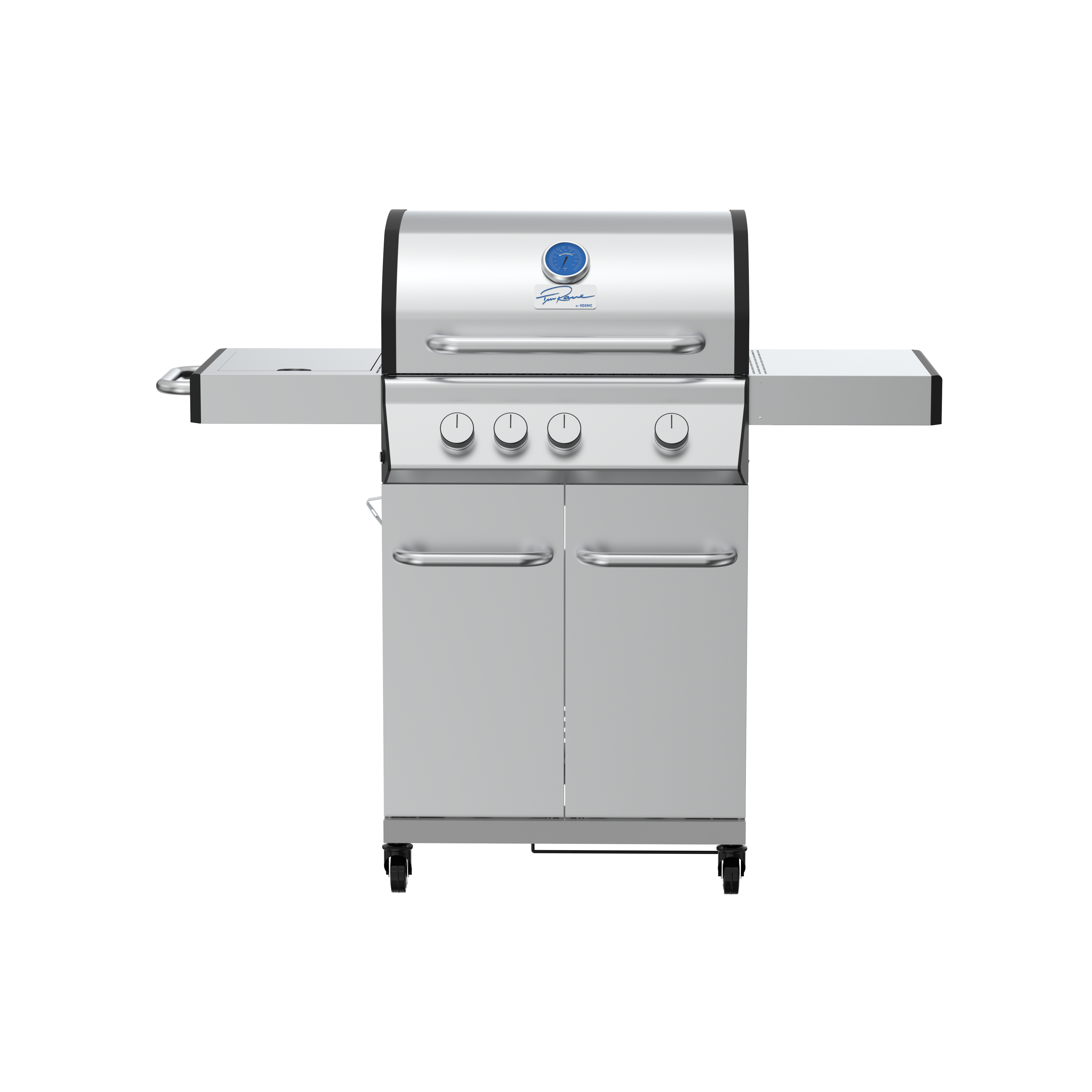Ein Gasgrill aus Edelstahl mit drei Brennern, Deckel und Seitenablagen, auf schwarzem Hintergrund.