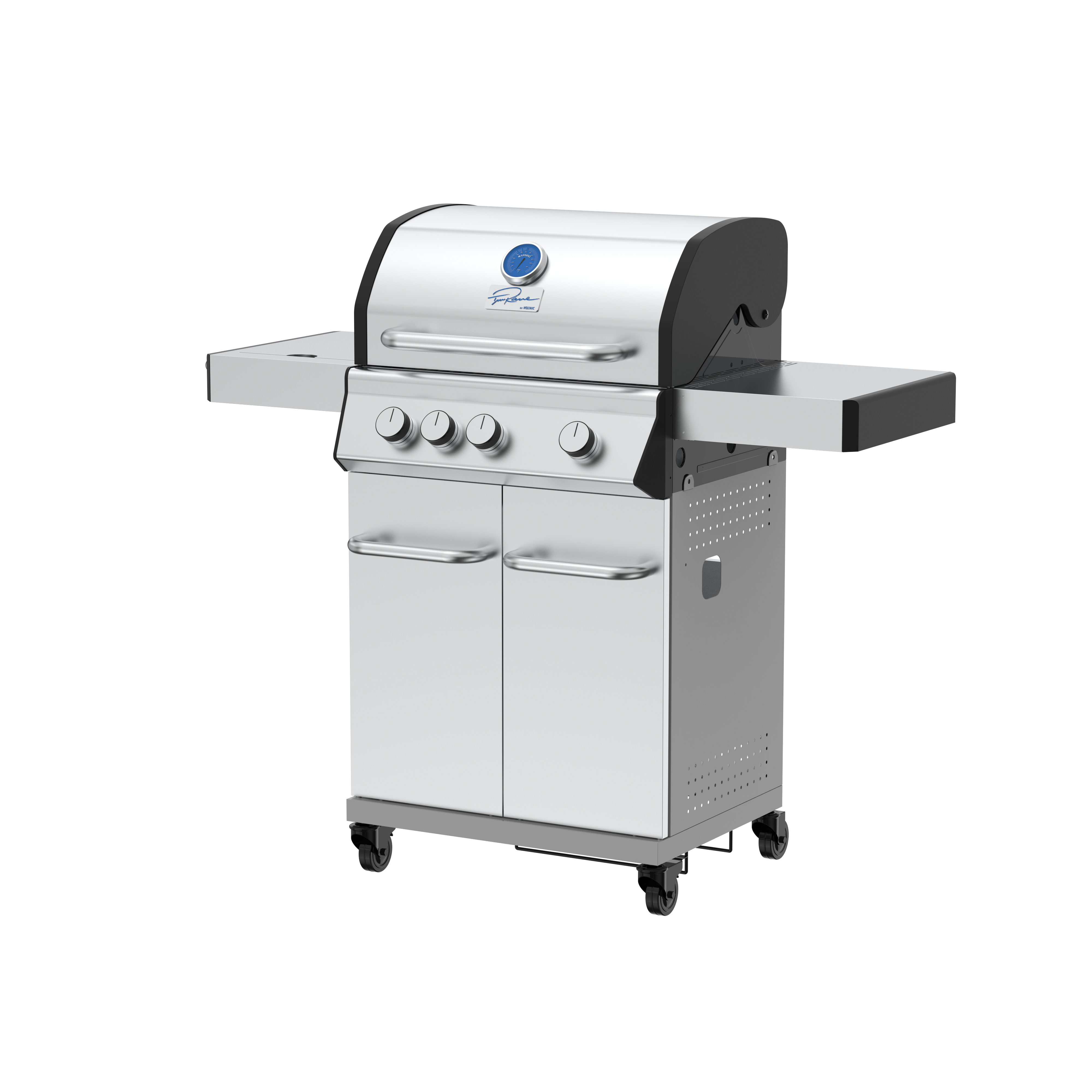 Gasgrill aus Edelstahl mit drei Brennern und einem schwarzen Deckel.
