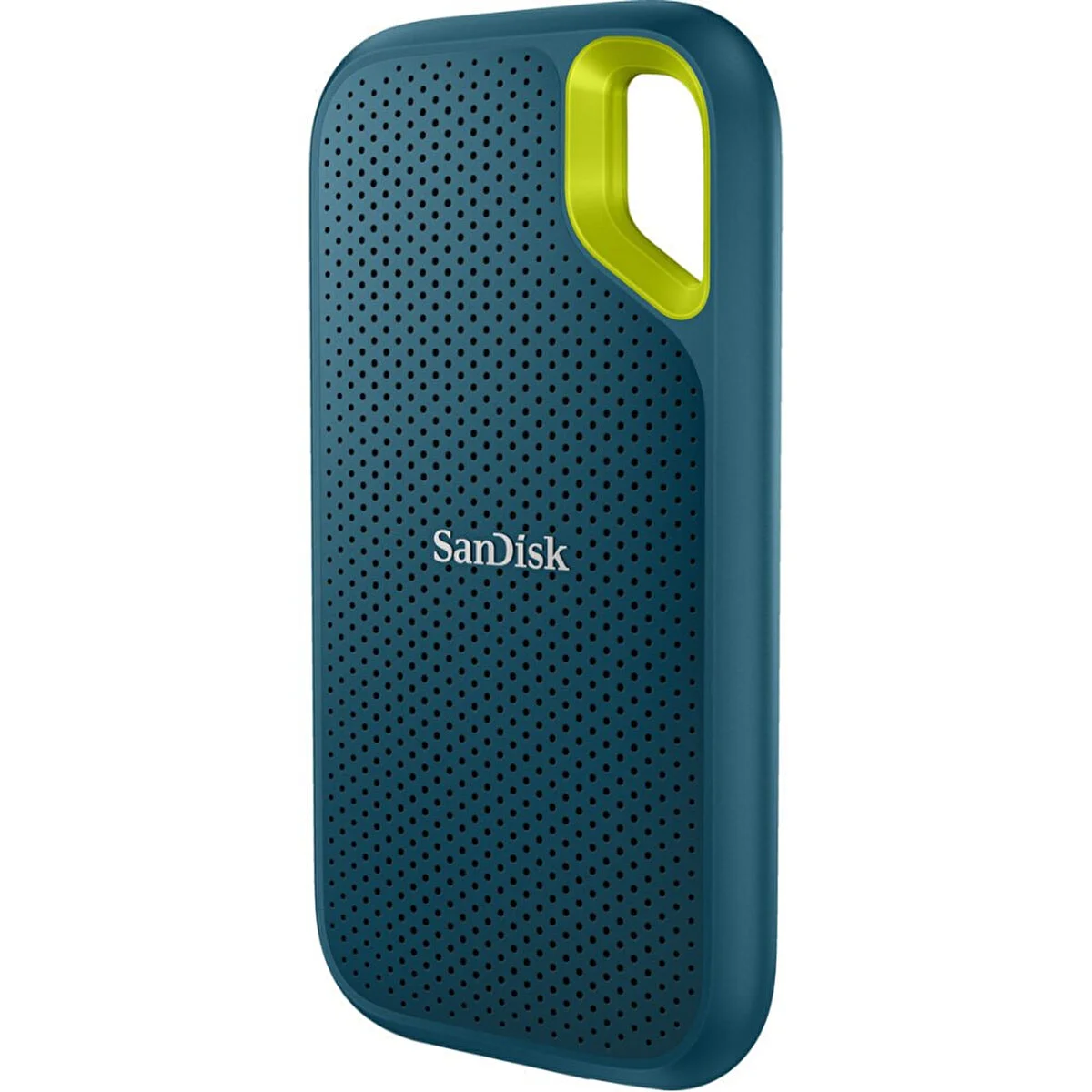 Turkuaz ve sarı SanDisk harici sabit disk. Sarı bir tutamağı ve delikli bir yüzeyi vardır.