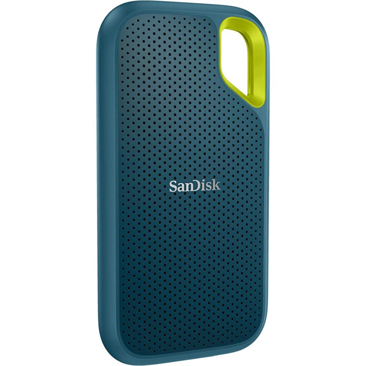 Sarı vurgulu, teal ve siyah bir SanDisk harici sabit diski.