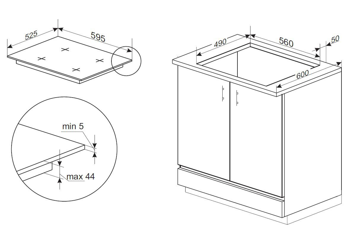 Diagramm eines Kochfelds und eines Schranks, mit Abmessungen in Millimetern.