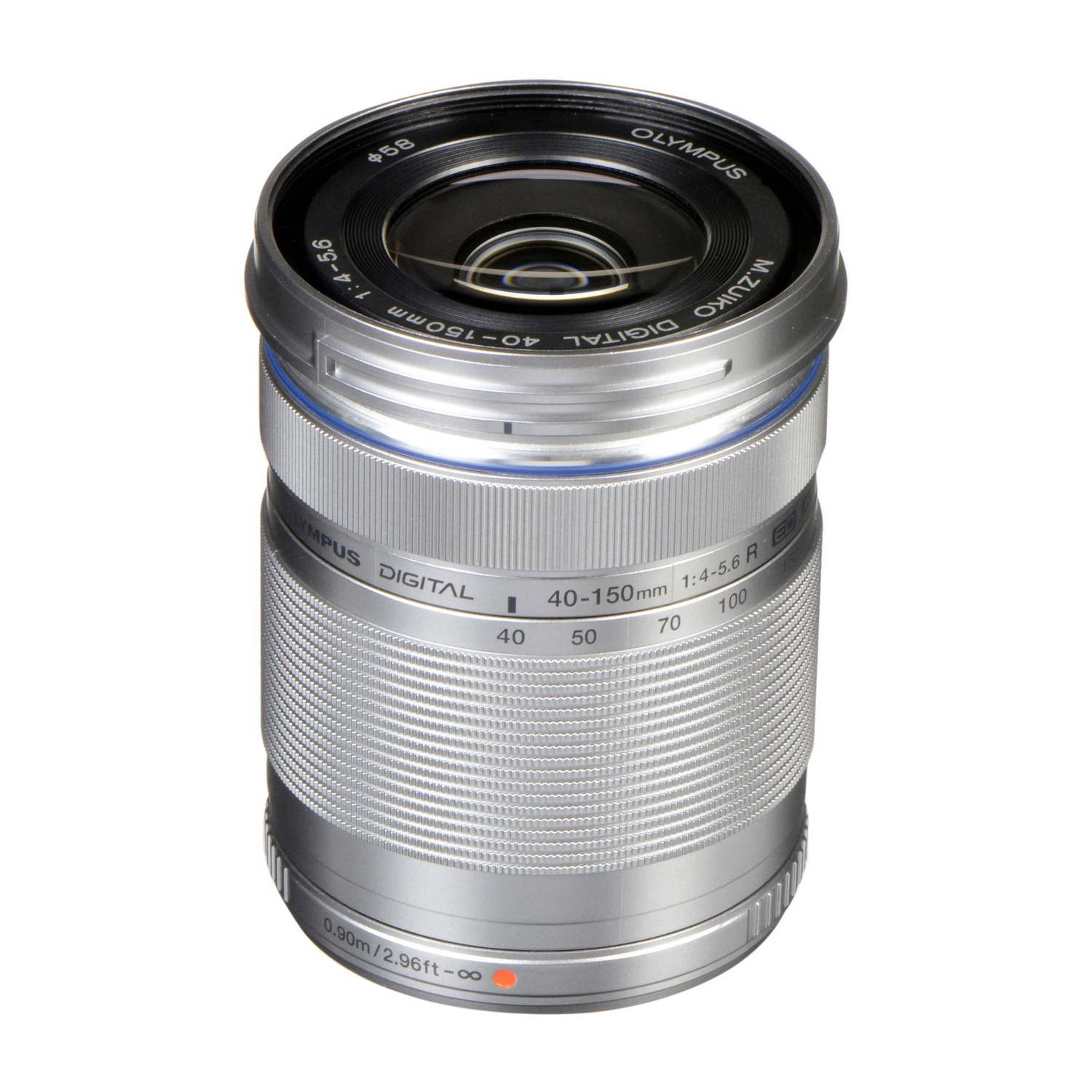 Obiettivo della fotocamera, argento, con marcature per lunghezza focale e apertura.