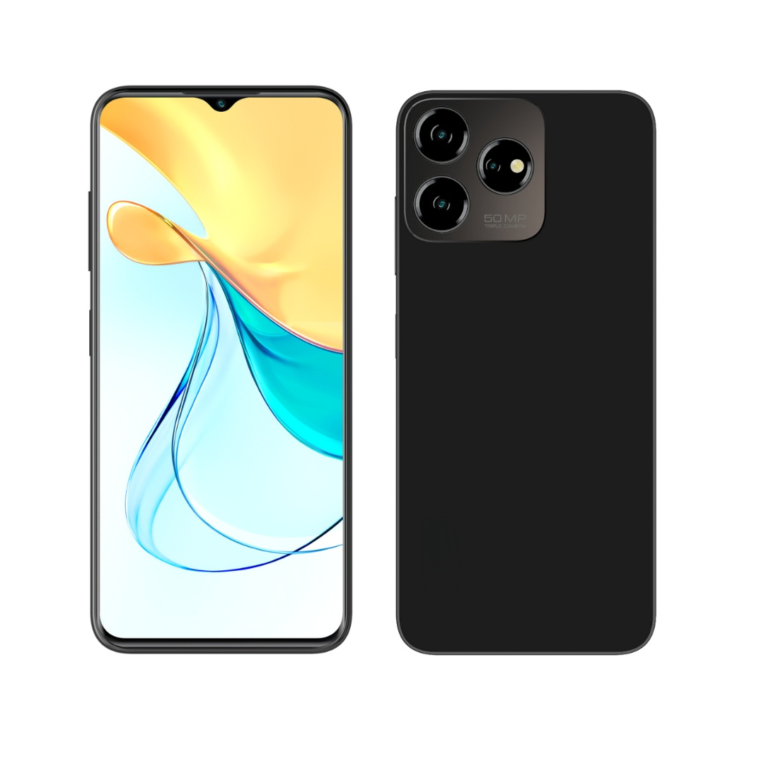 İki ekranlı bir akıllı telefon. Ön: ekran, arka: üçlü kamera kurulumu ile siyah.