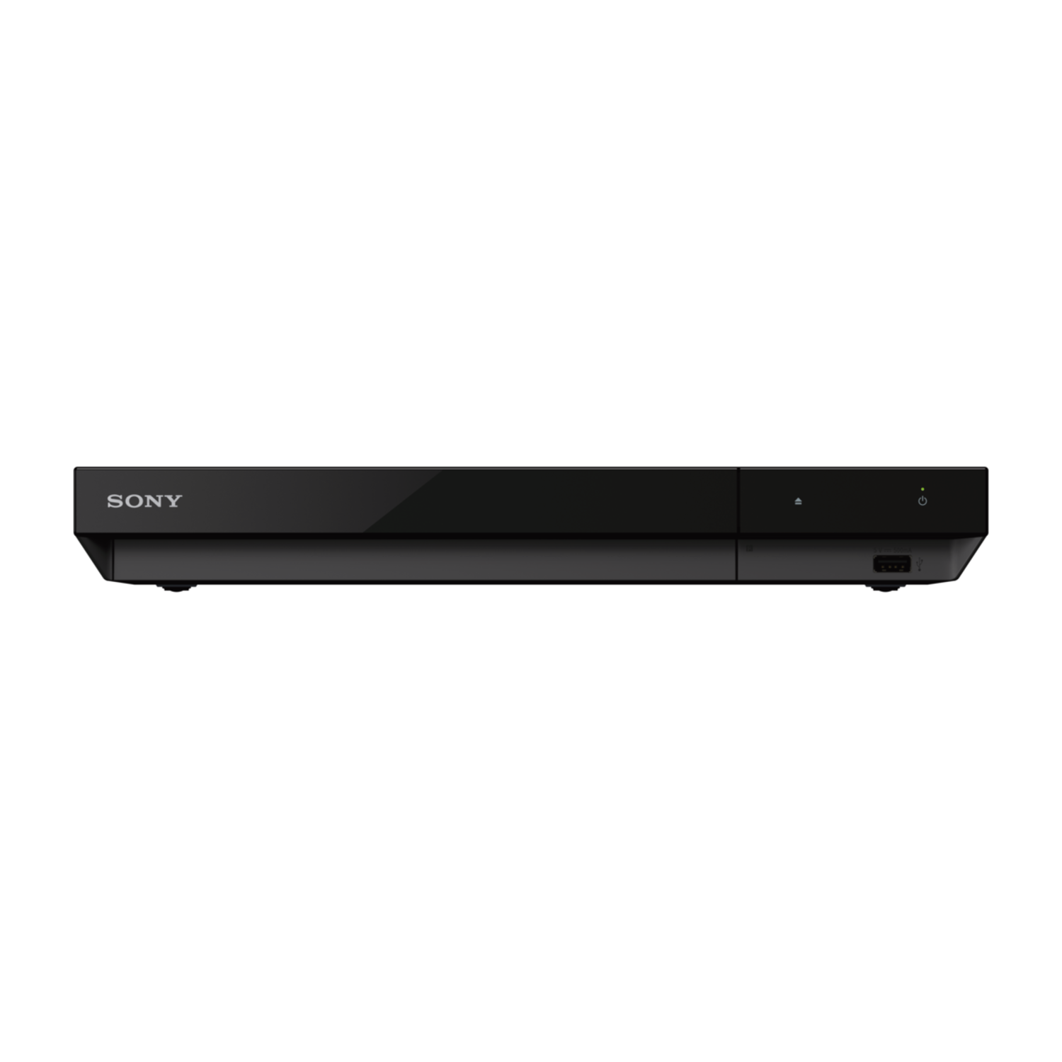 Black Sony Blu-ray player. Front view, showing the brand, power and eject button.
