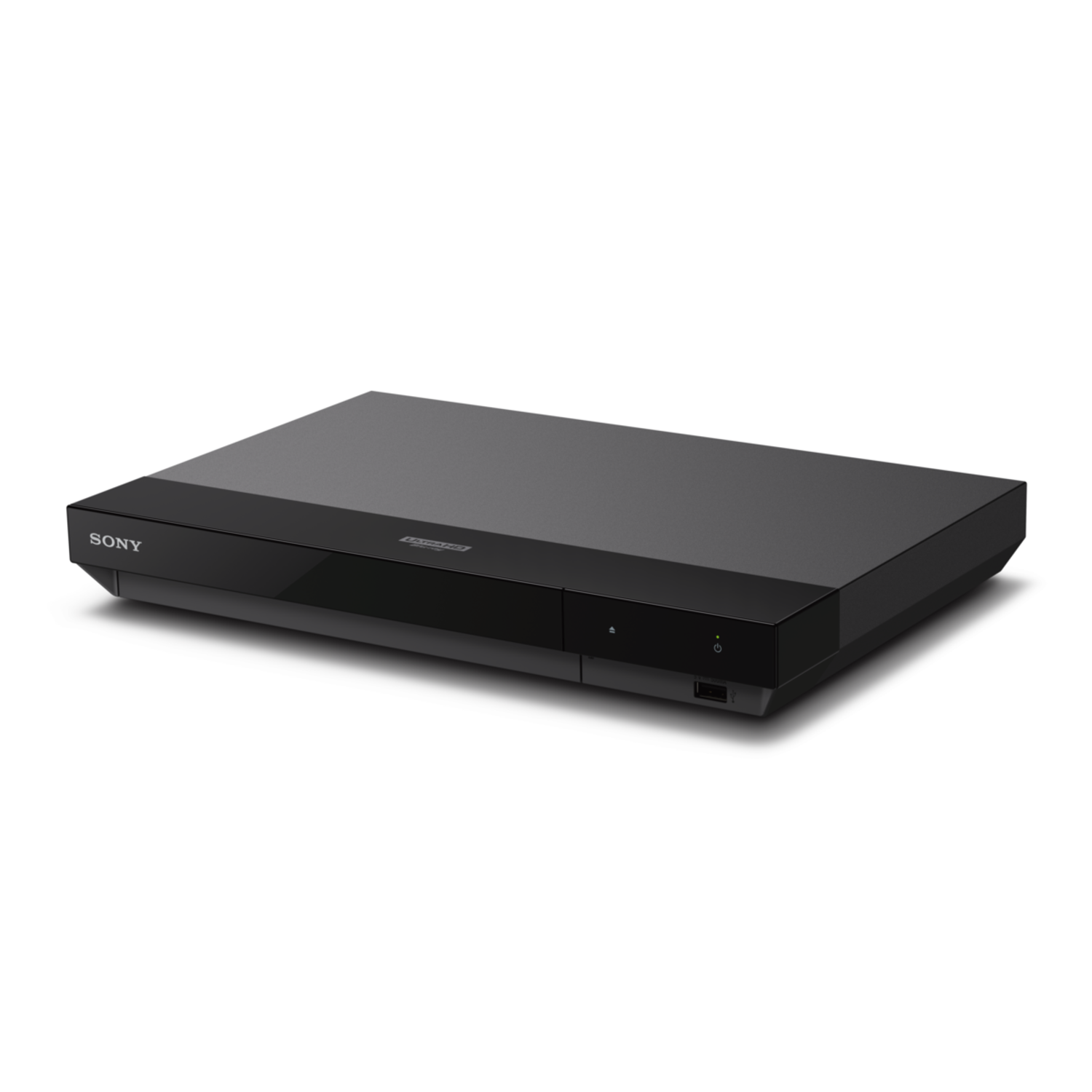 Black Sony Blu-ray player on a white background.
