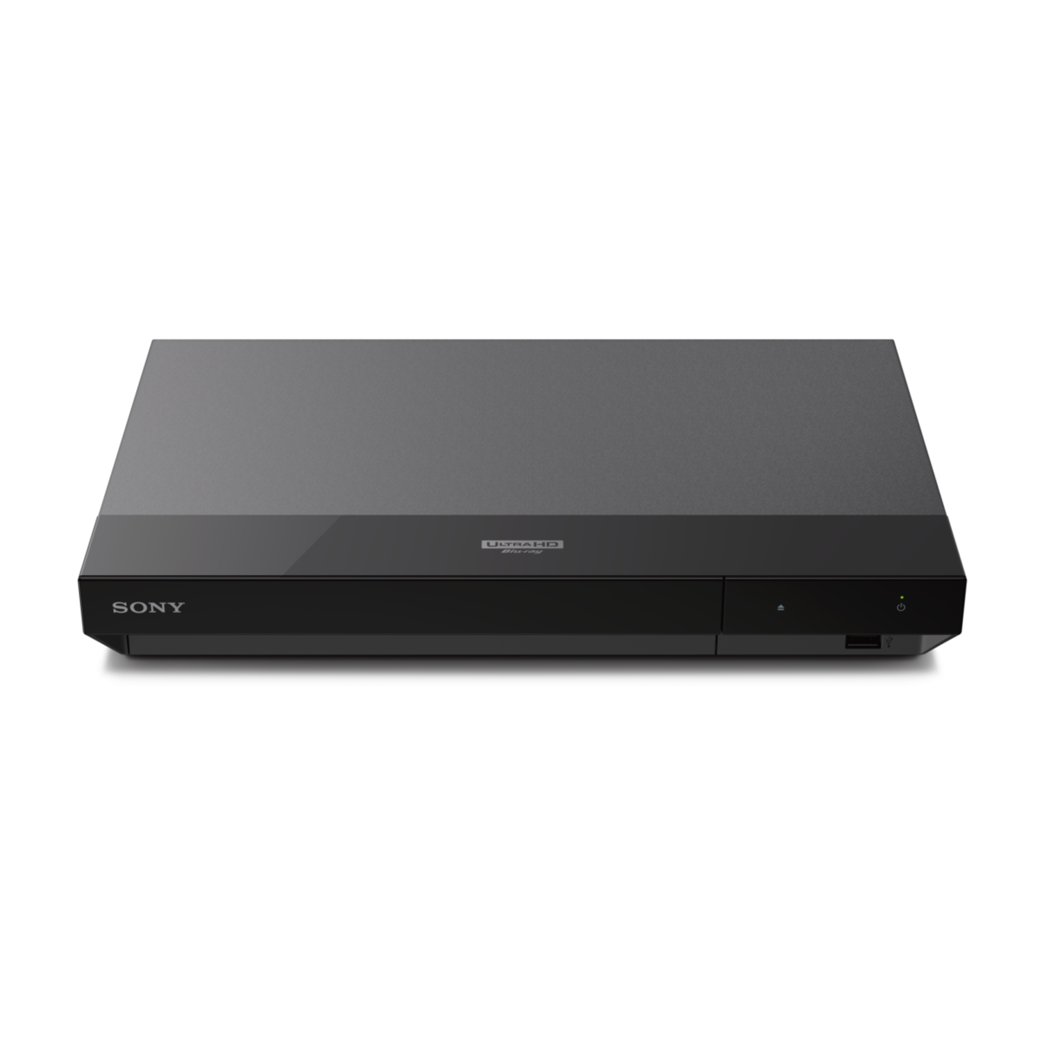 Black Sony Blu-ray player. Front view, with the Sony logo. White background.