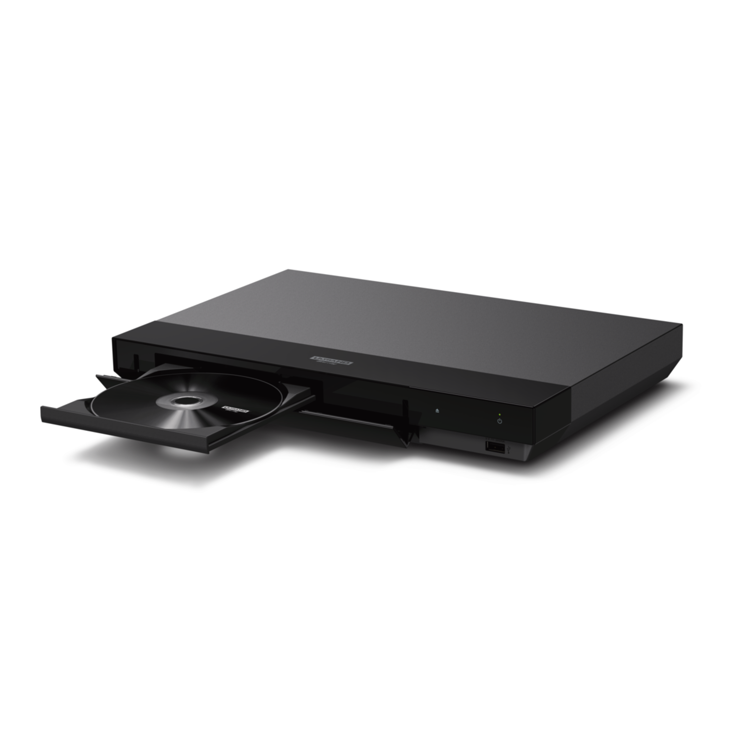 Black DVD player with an open disc tray. The disc is visible.