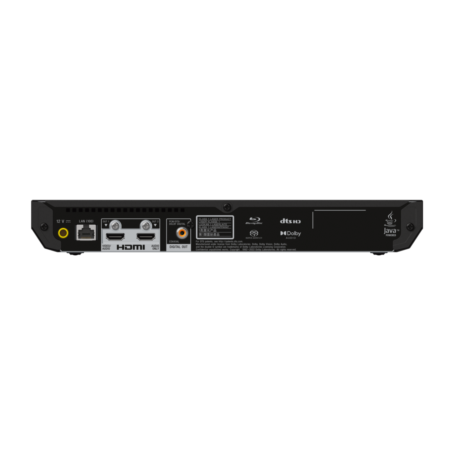 Back of a black device with various ports and connections including HDMI and LAN. The device is on a white surface.