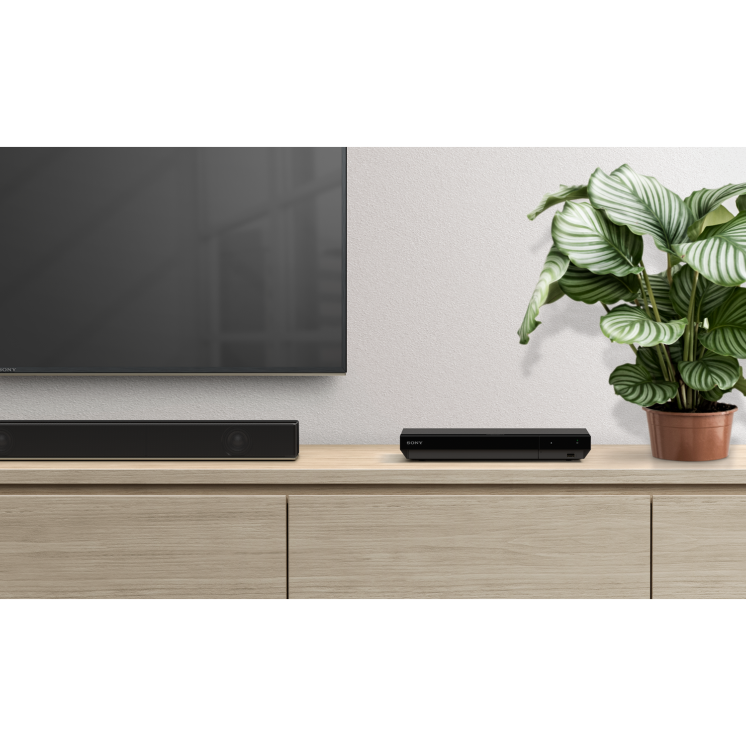 A TV, soundbar and a blue ray player sitting on a wooden cabinet. A potted plant on the right.