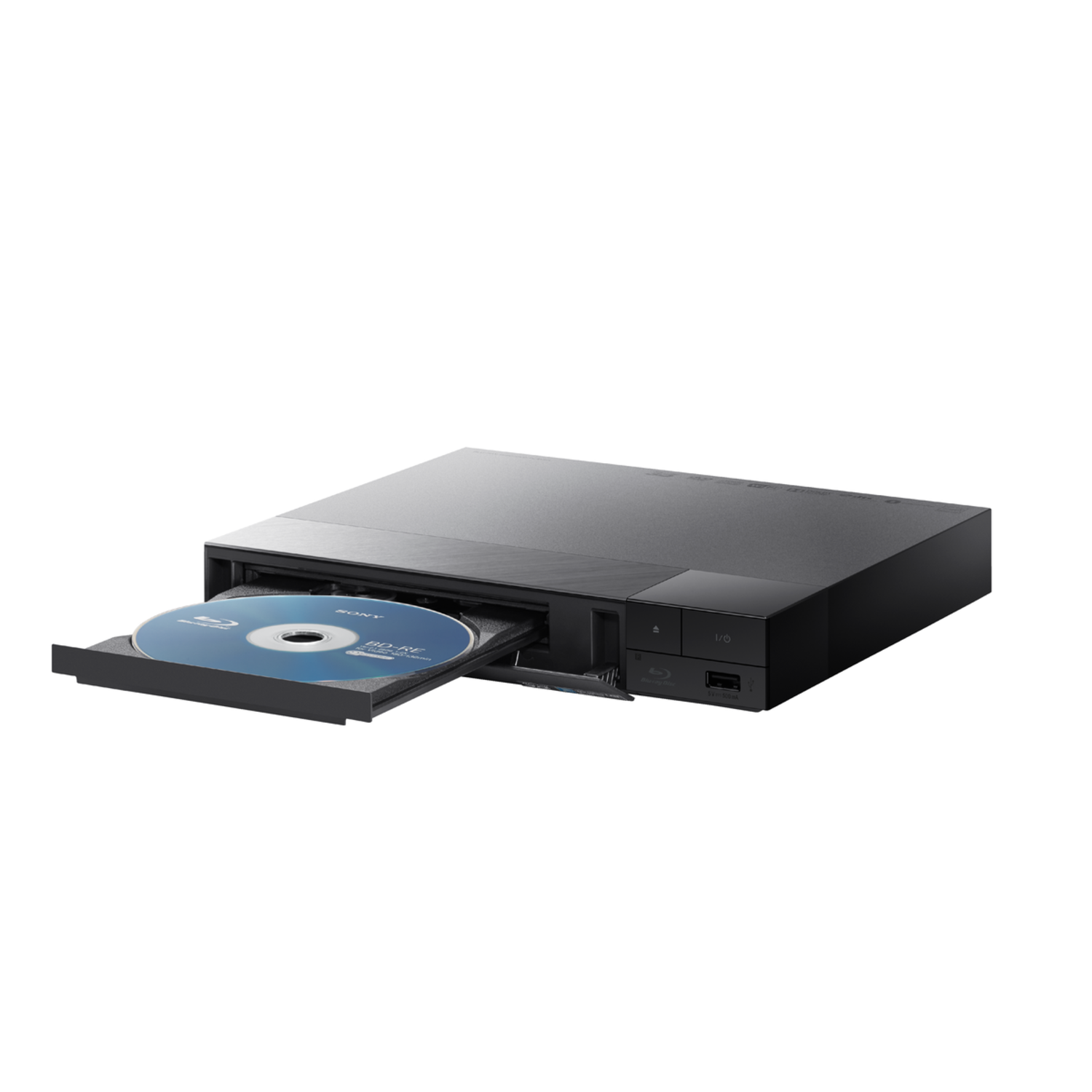 A black Blu-ray player with a disc in the open tray. The player is on a white background.