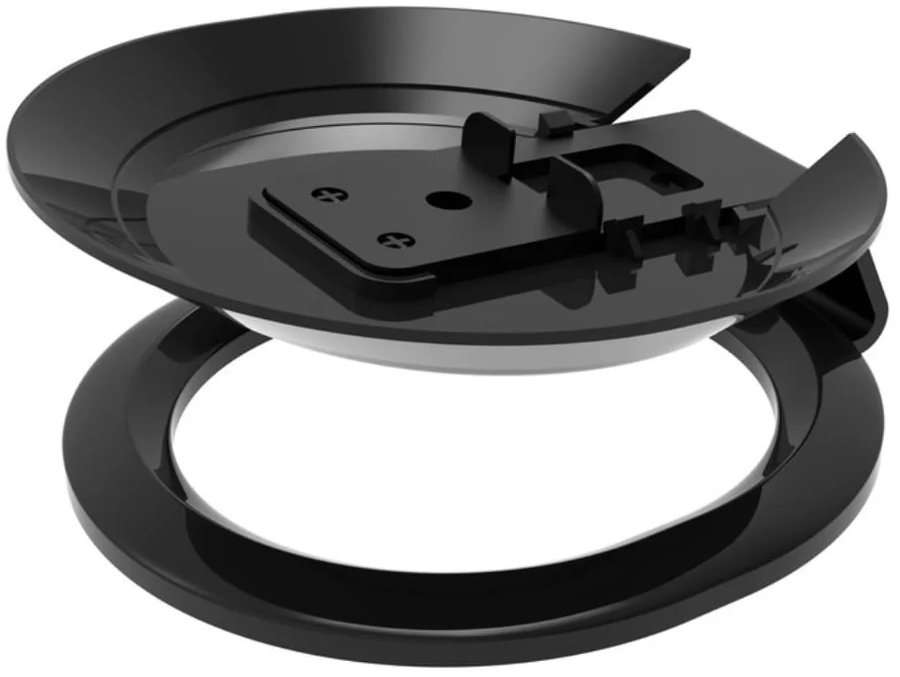 Un composant en plastique noir avec une base circulaire et une section centrale, peut-être pour un appareil.