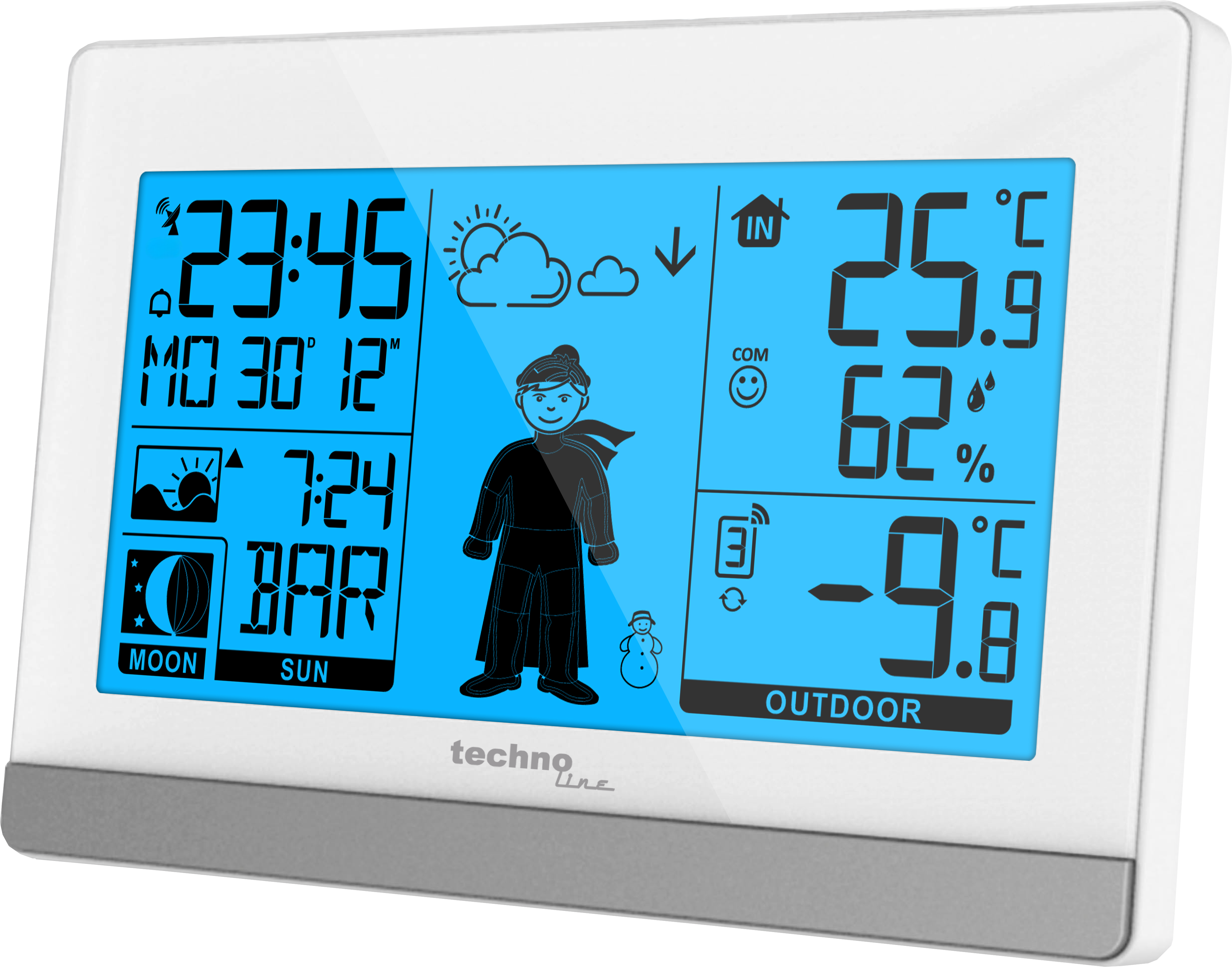 Digitale Wetterstation mit blauem Display, das Zeit, Datum, Wetter und Temperatur anzeigt.