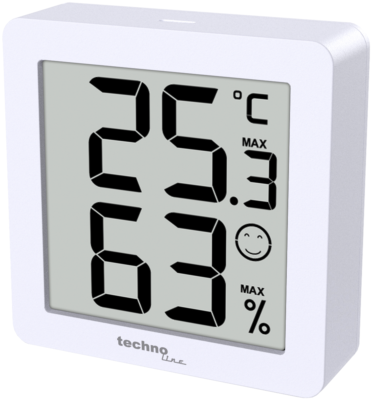 Ein weißes digitales Thermometer mit Anzeige von 25,3°C und 63%.