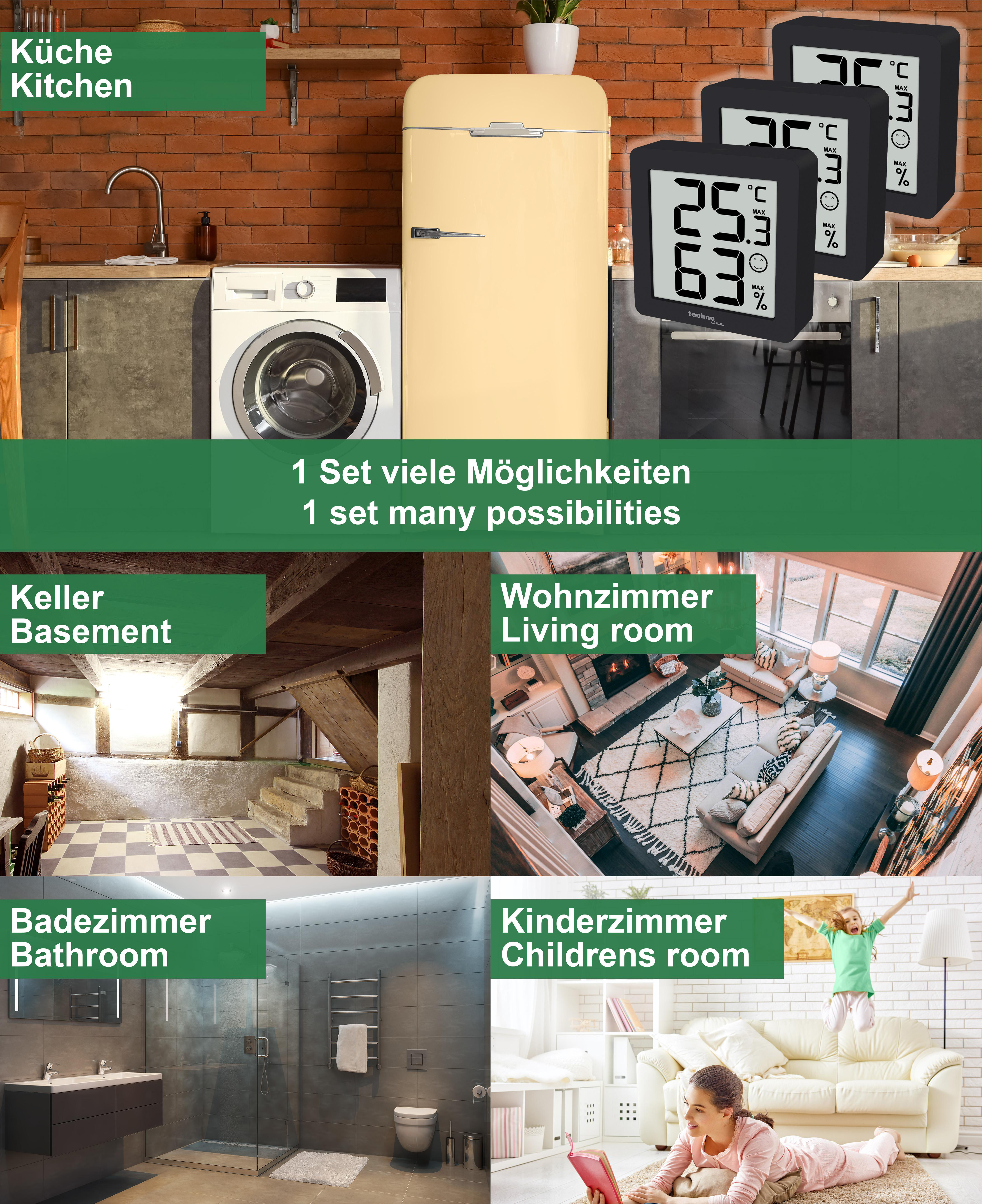 Zusammenstellung von Räumen: Küche, Keller, Wohnzimmer, Badezimmer, Kinderzimmer, jeweils mit Textbezeichnungen.