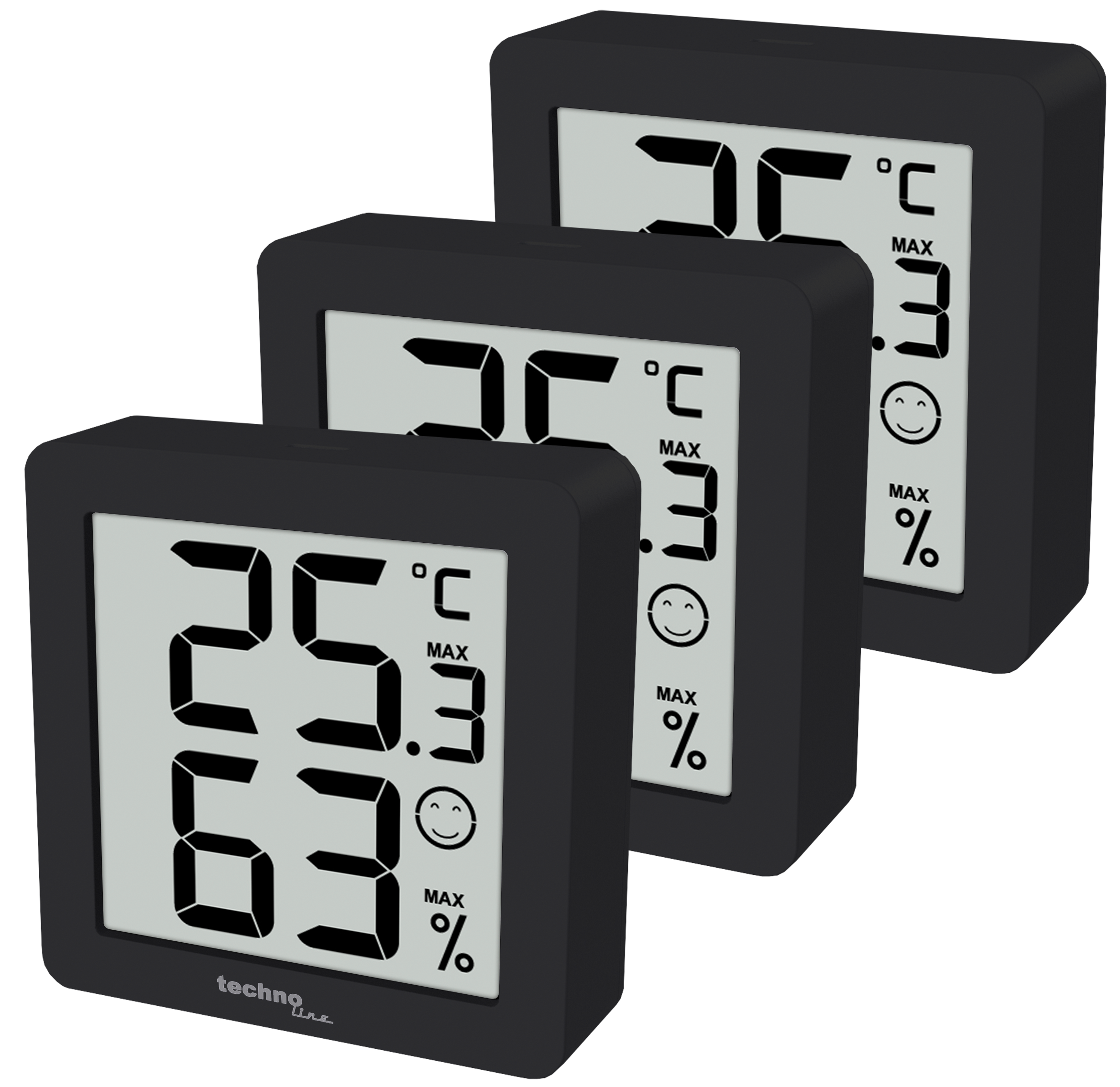 Drei schwarze Digitalthermometer, die Temperatur- und Feuchtigkeitsmesswerte anzeigen, auf einer Oberfläche angeordnet.