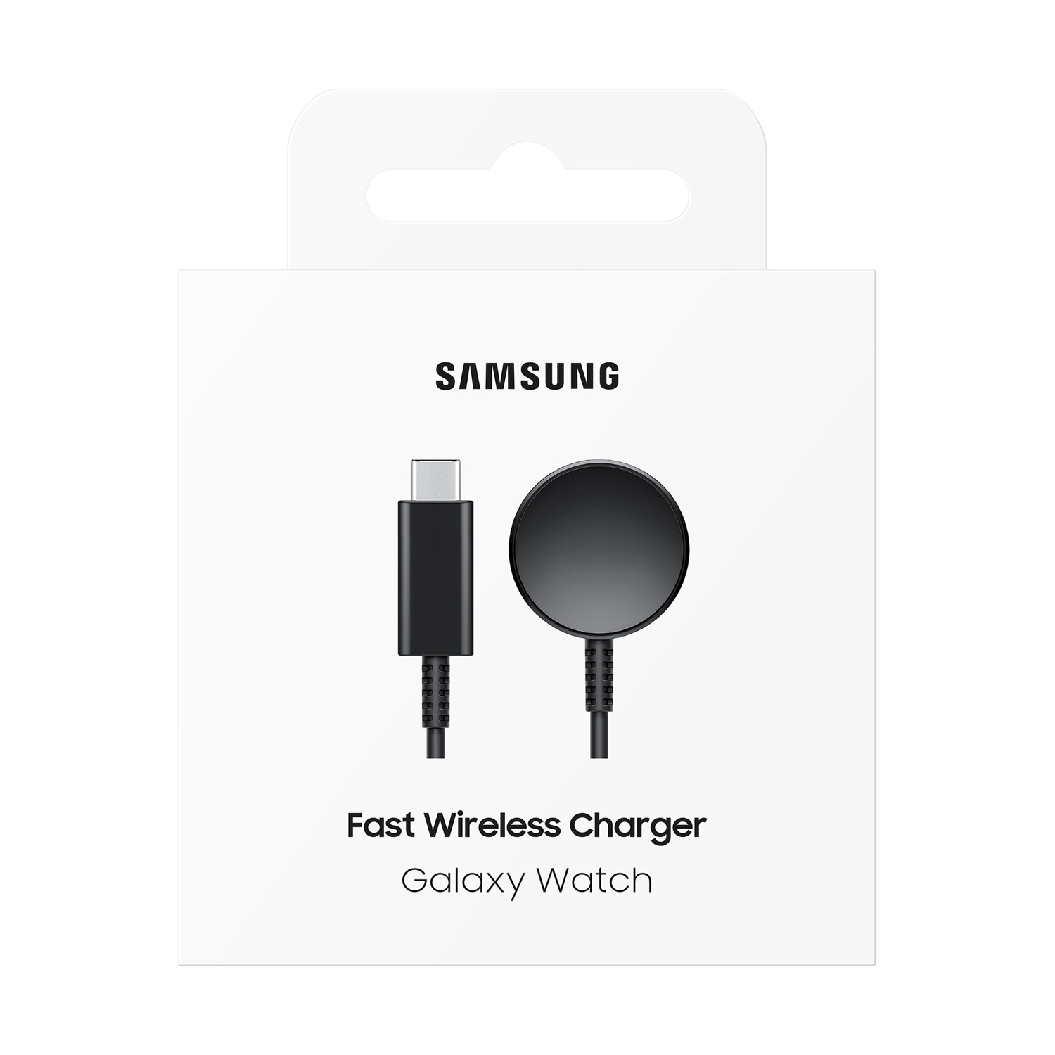Scatola bianca con logo Samsung e caricabatterie wireless rapido nero per un Galaxy Watch.