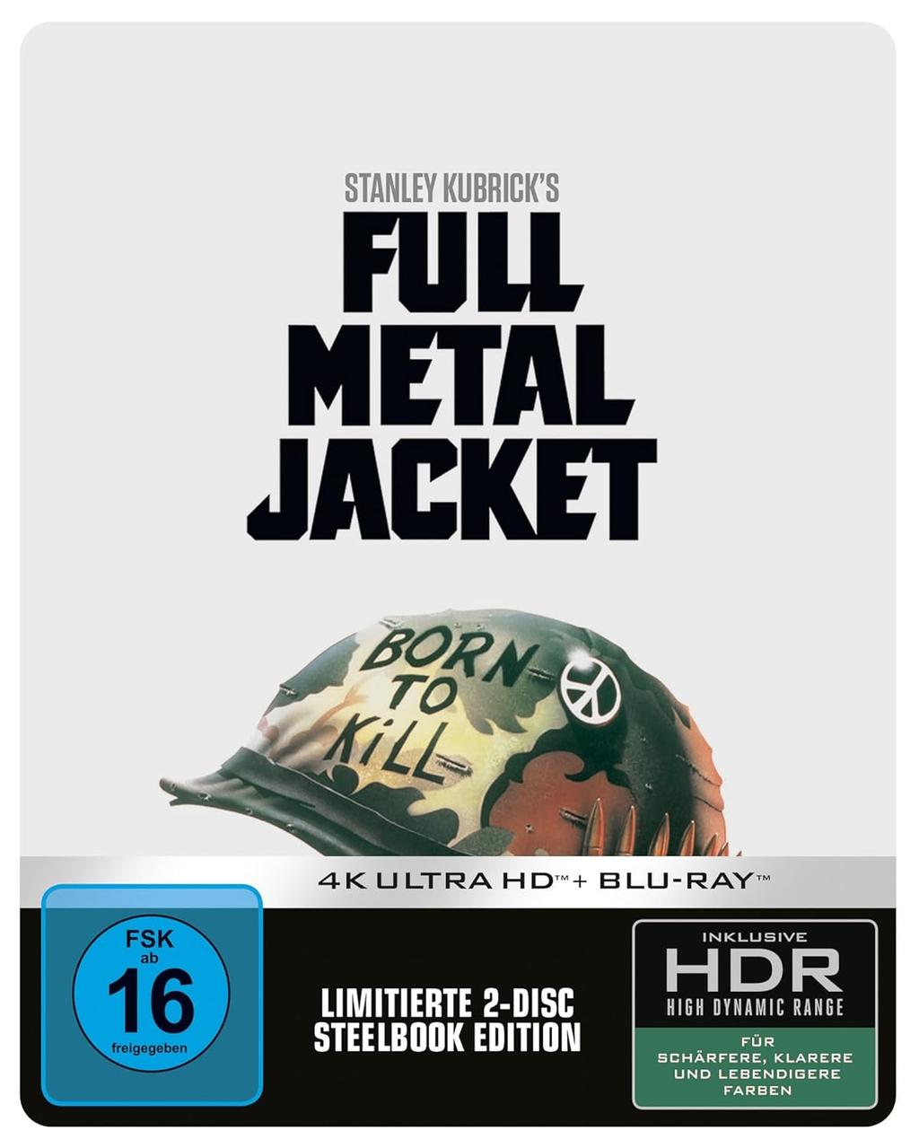 Full Metal Jacket DVD. Das Cover zeigt einen Helm mit 'BORN TO KILL'.