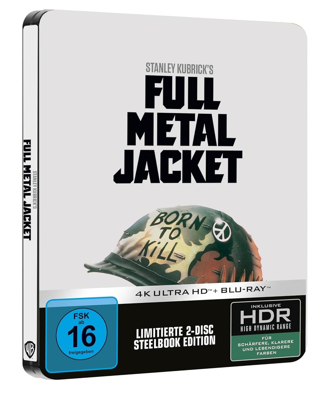 Filmcover für "Full Metal Jacket" mit Helm mit Text auf weißem Hintergrund.