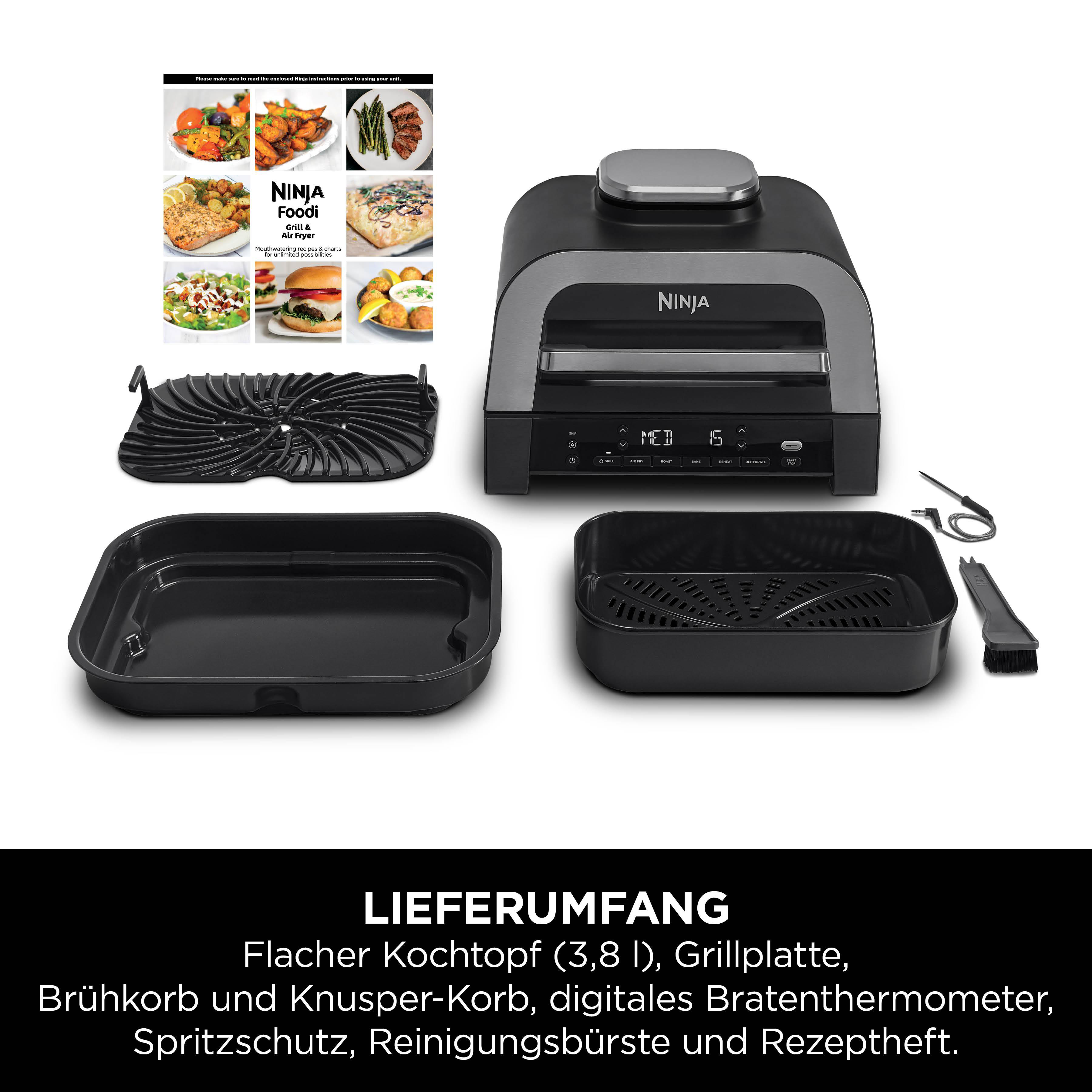 Ninja Foodi Heißluftfritteuse mit Zubehör. Enthält Kochelemente und ein Rezeptbuch.
