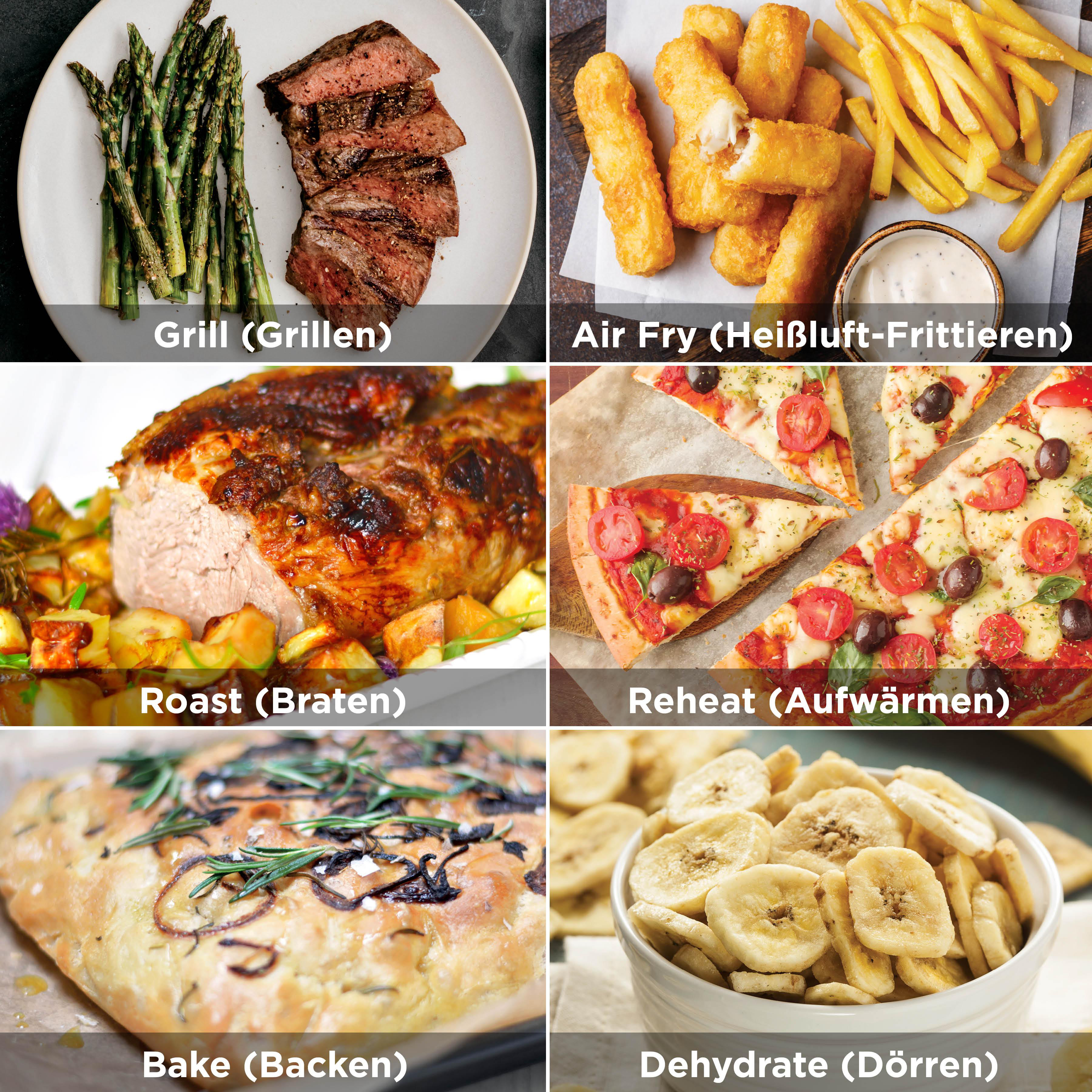 Eine Collage von gekochtem Essen: Steak, Spargel, Pommes, Pizza und Bananen.