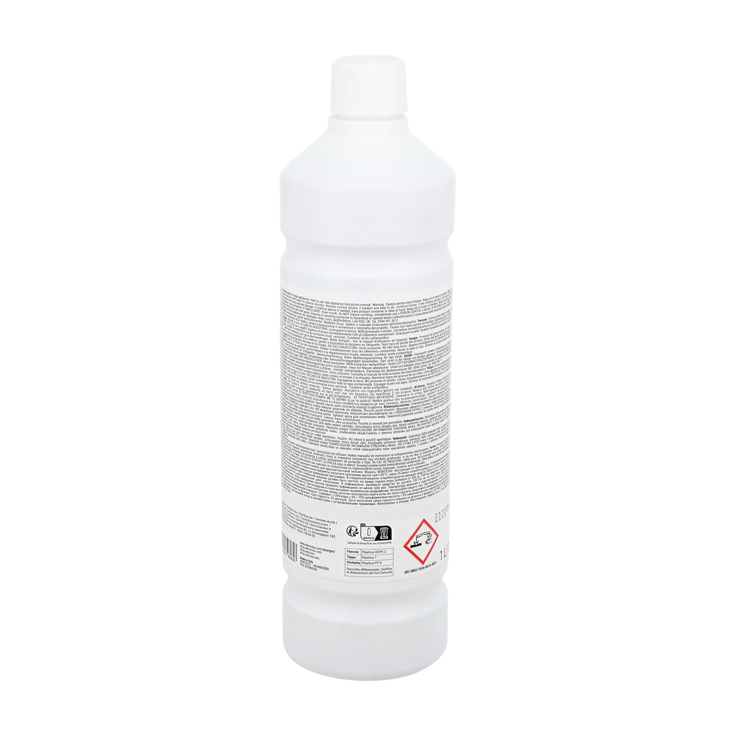 Bottiglia bianca con testo sull'etichetta, su sfondo bianco. Contiene liquido.