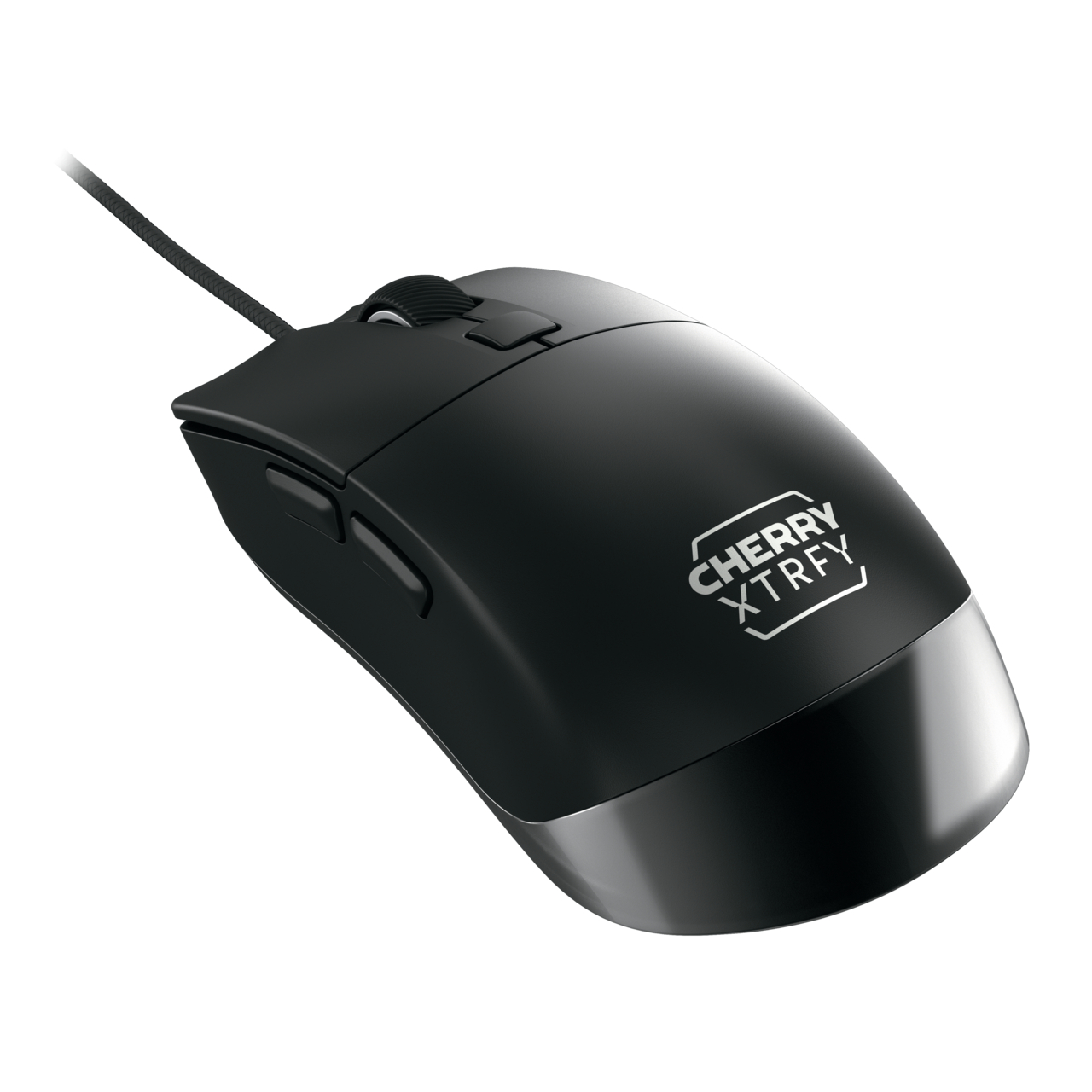 Schwarze Gaming-Maus mit weißem Cherry Xtrfy-Logo. Sie hat ein elegantes Design.
