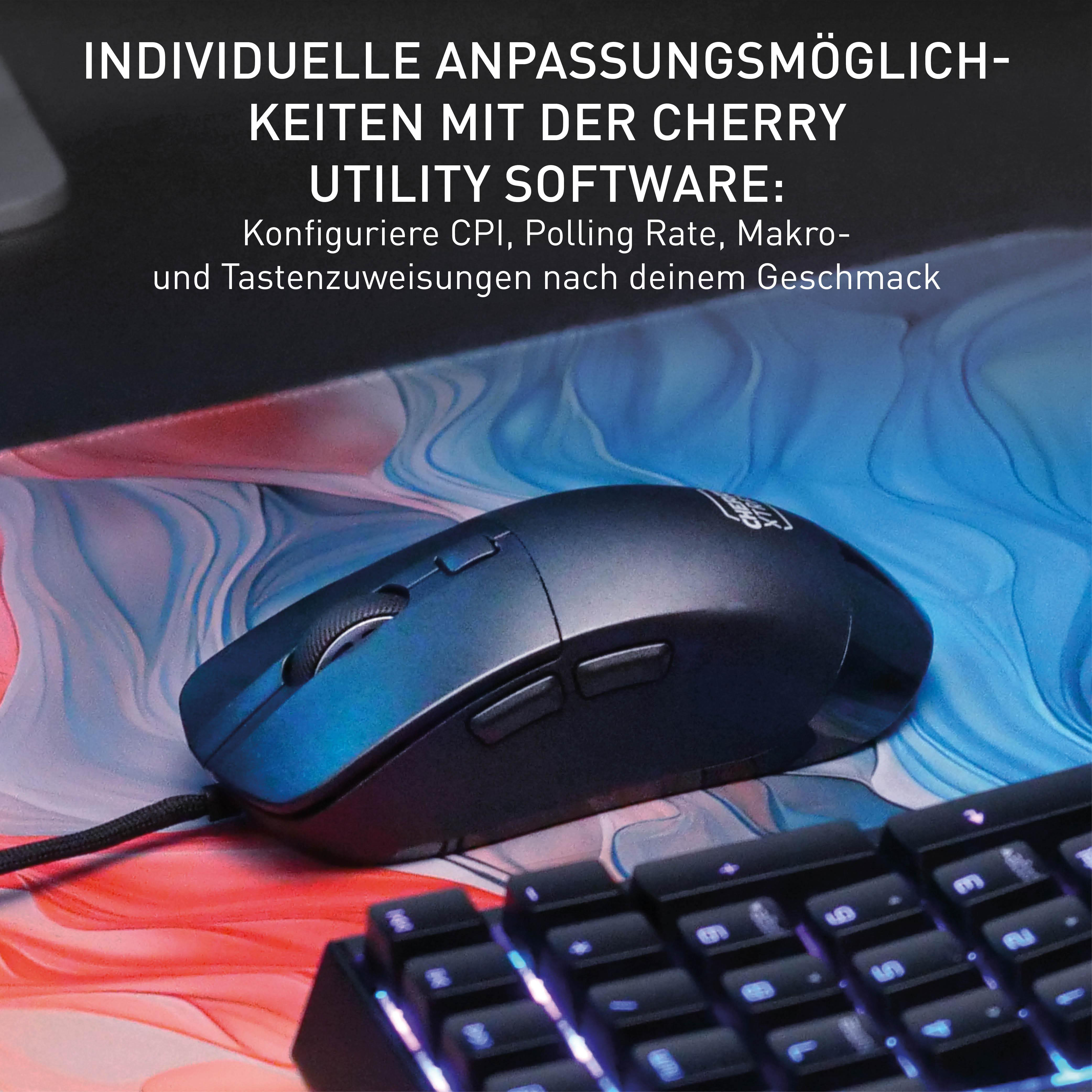 Schwarze Gaming-Maus auf einem farbenfrohen Mousepad, die Softwareanpassungsoptionen zeigt.