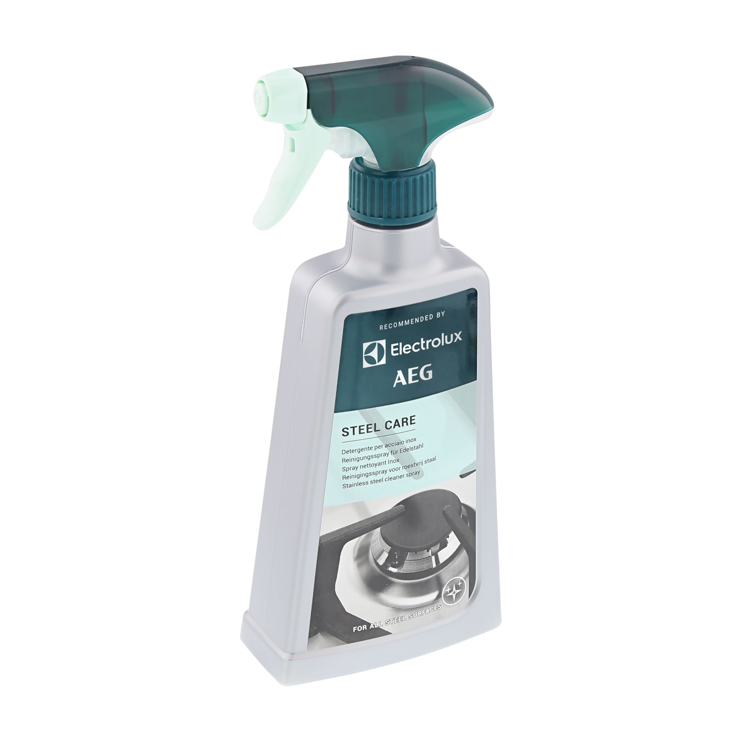 Una bottiglia di spray detergente per acciaio inossidabile con il logo AEG.