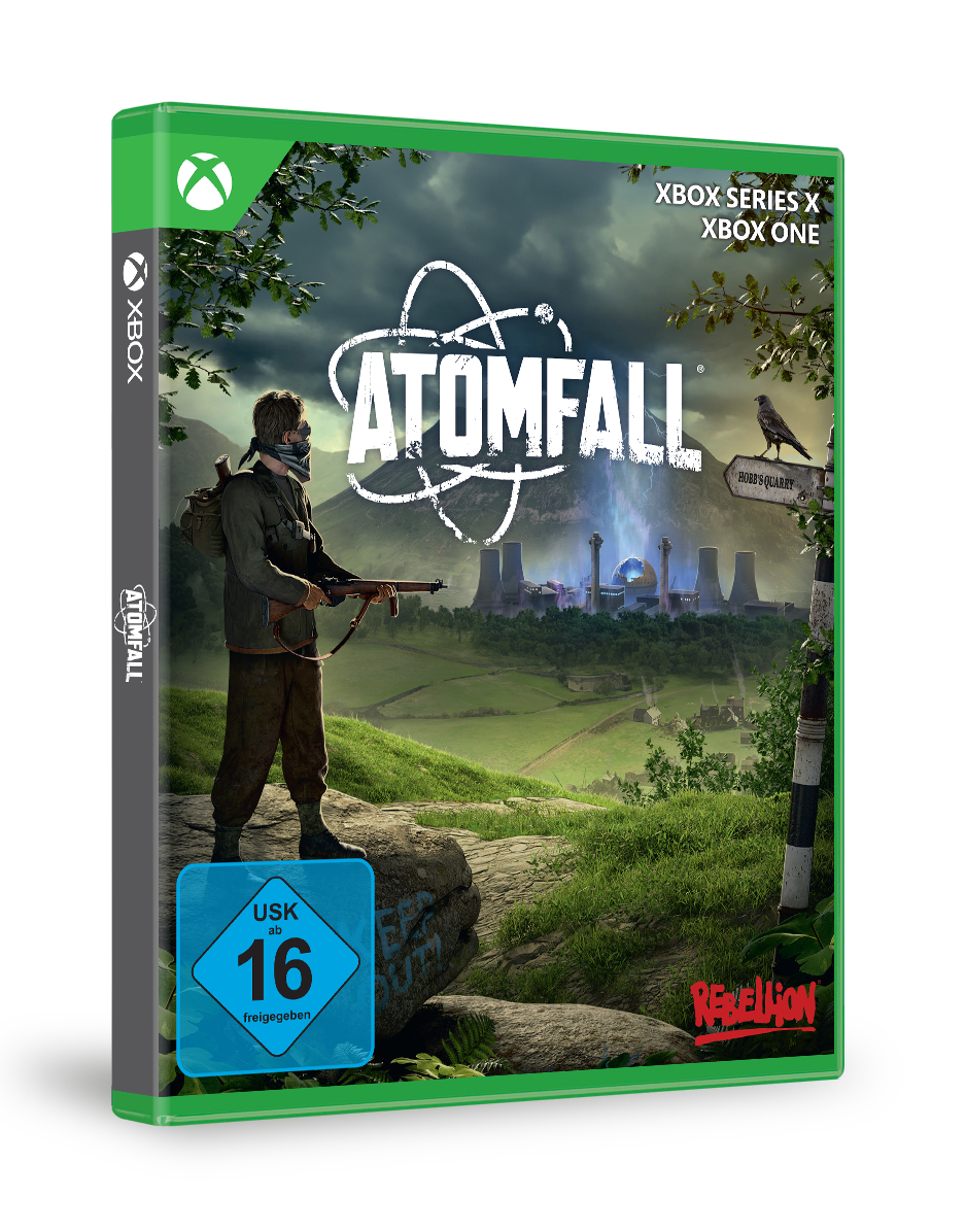 Spielbox für Atomfall. Ein Mann mit Gewehr vor apokalyptischer Landschaft. Xbox Series X/One.