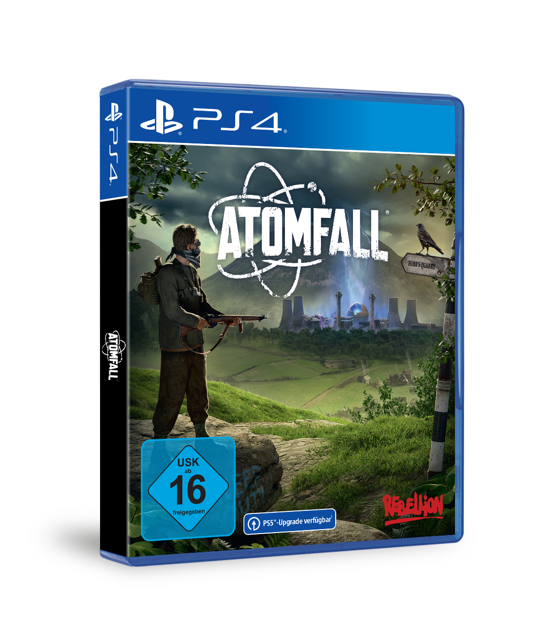 PS4-Spielbox: 'ATOMFALL', ein Mann mit Gasmaske in einer postapokalyptischen Szene.