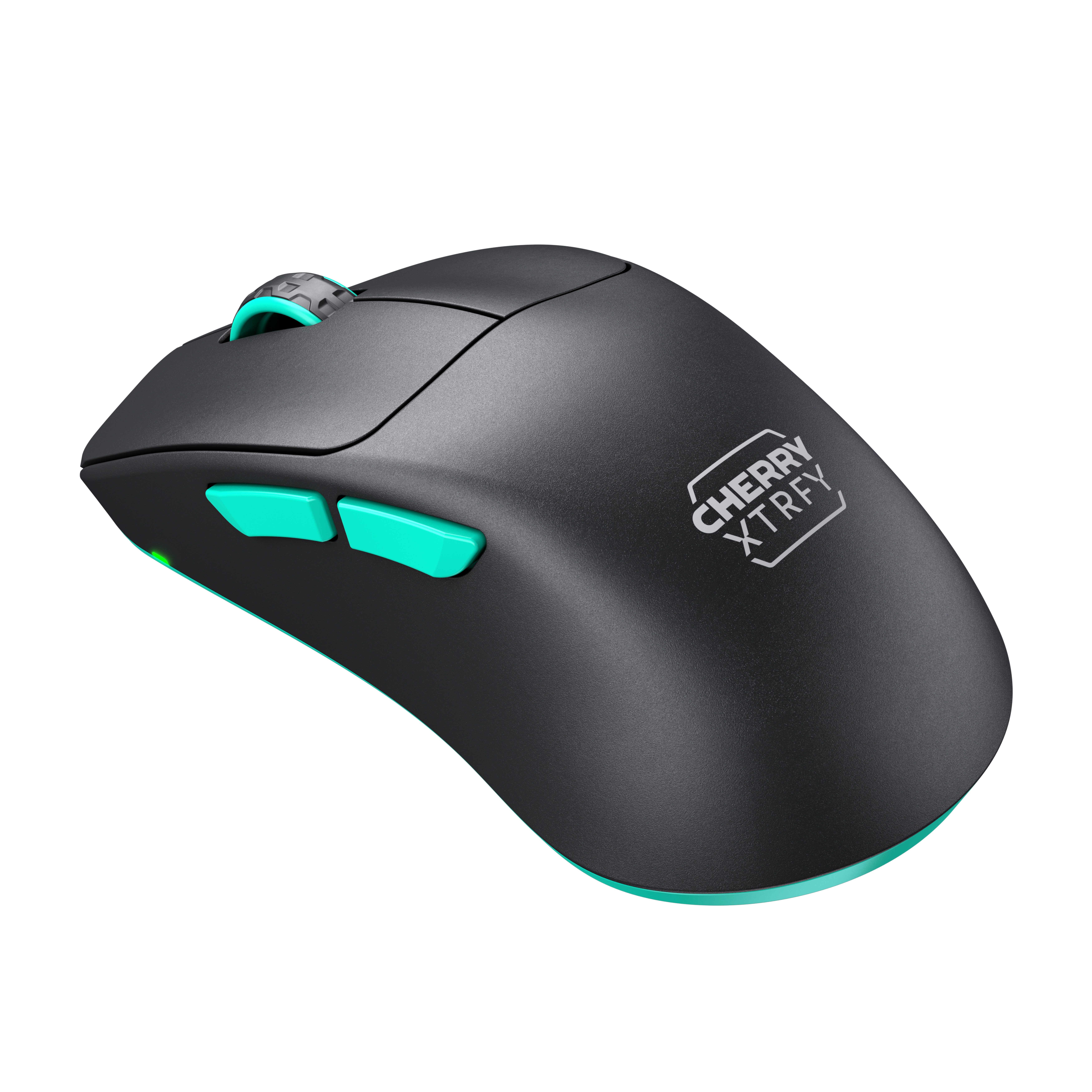 Schwarze Computermaus mit tealfarbenen Tasten. Die Marke 'CHERRY XTRFY' ist seitlich.
