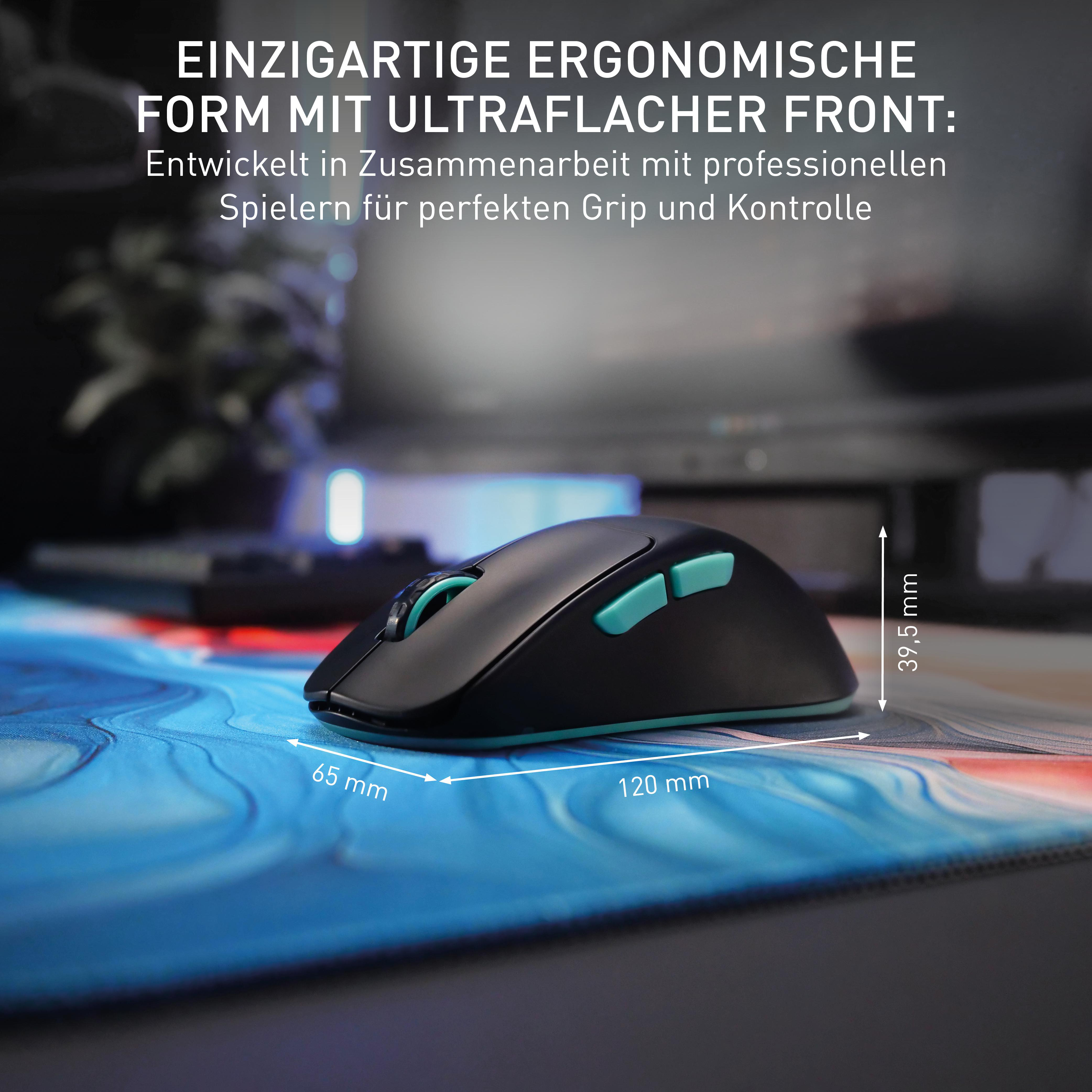 Schwarze und türkisfarbene Gaming-Maus auf einem blau-roten Mauspad.