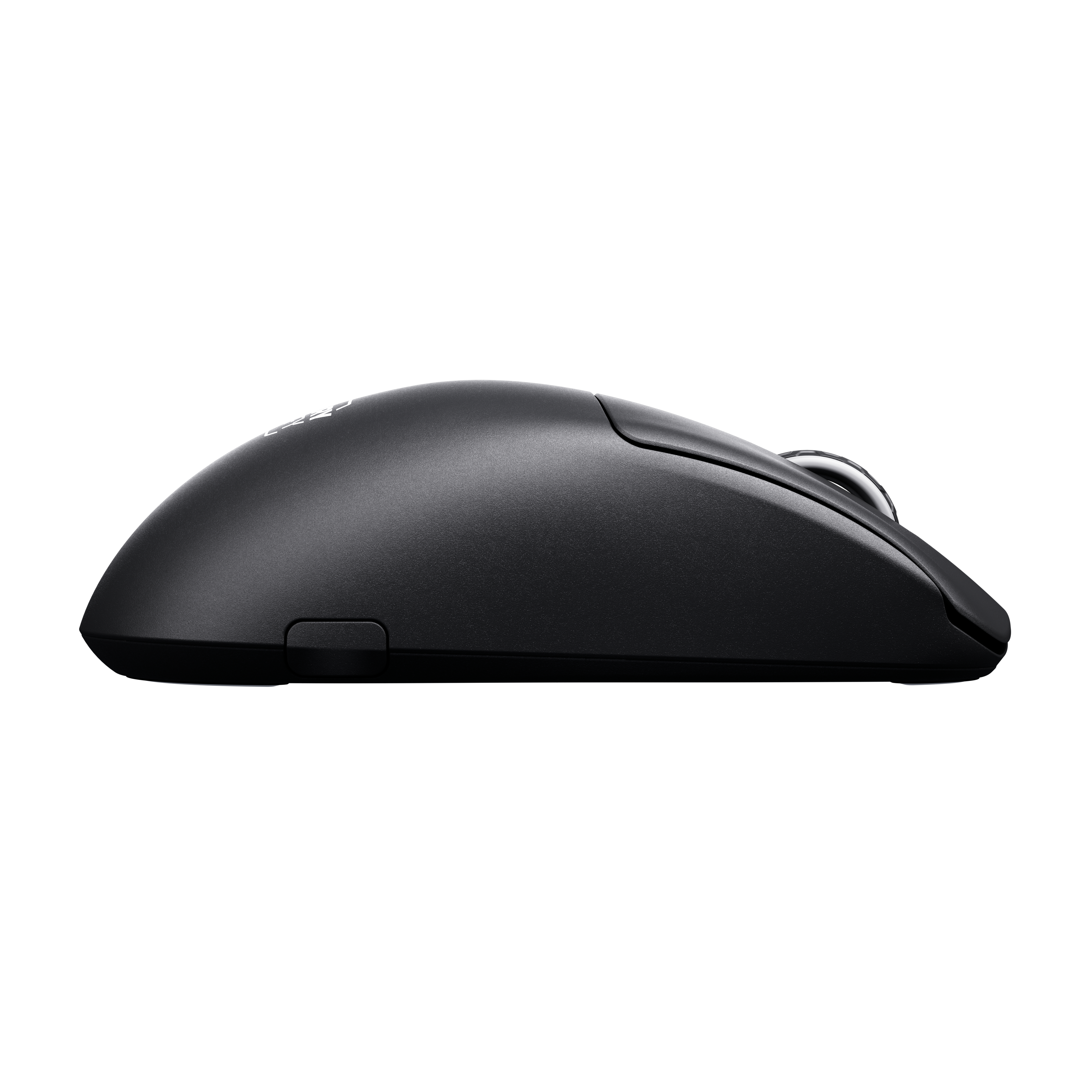 Schwarze Computermaus, Seitenansicht, mit glattem, geschwungenem Design und einem Scrollrad.