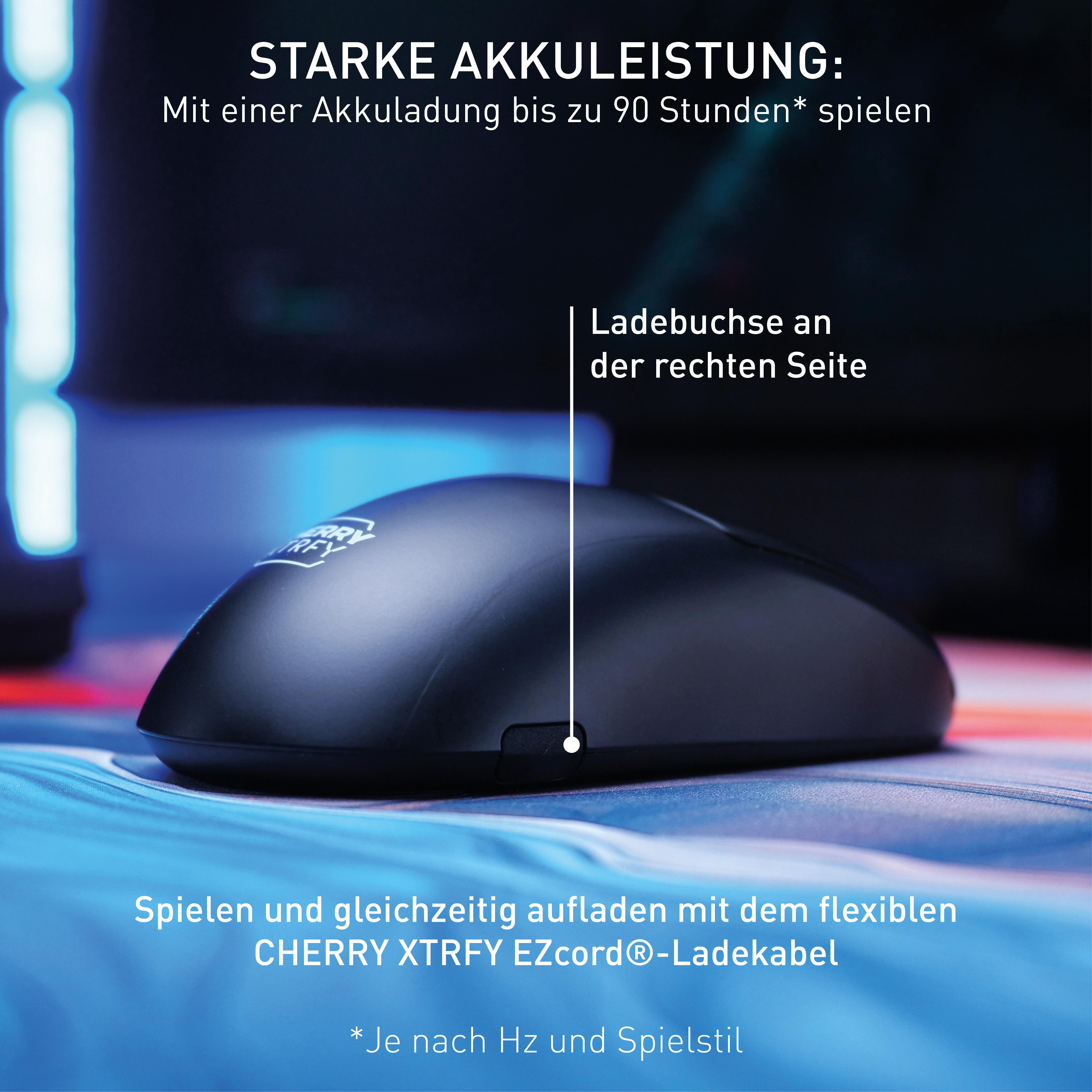 Schwarze kabellose Maus auf gemusterter Oberfläche, Text zeigt Ladeanschluss rechts.