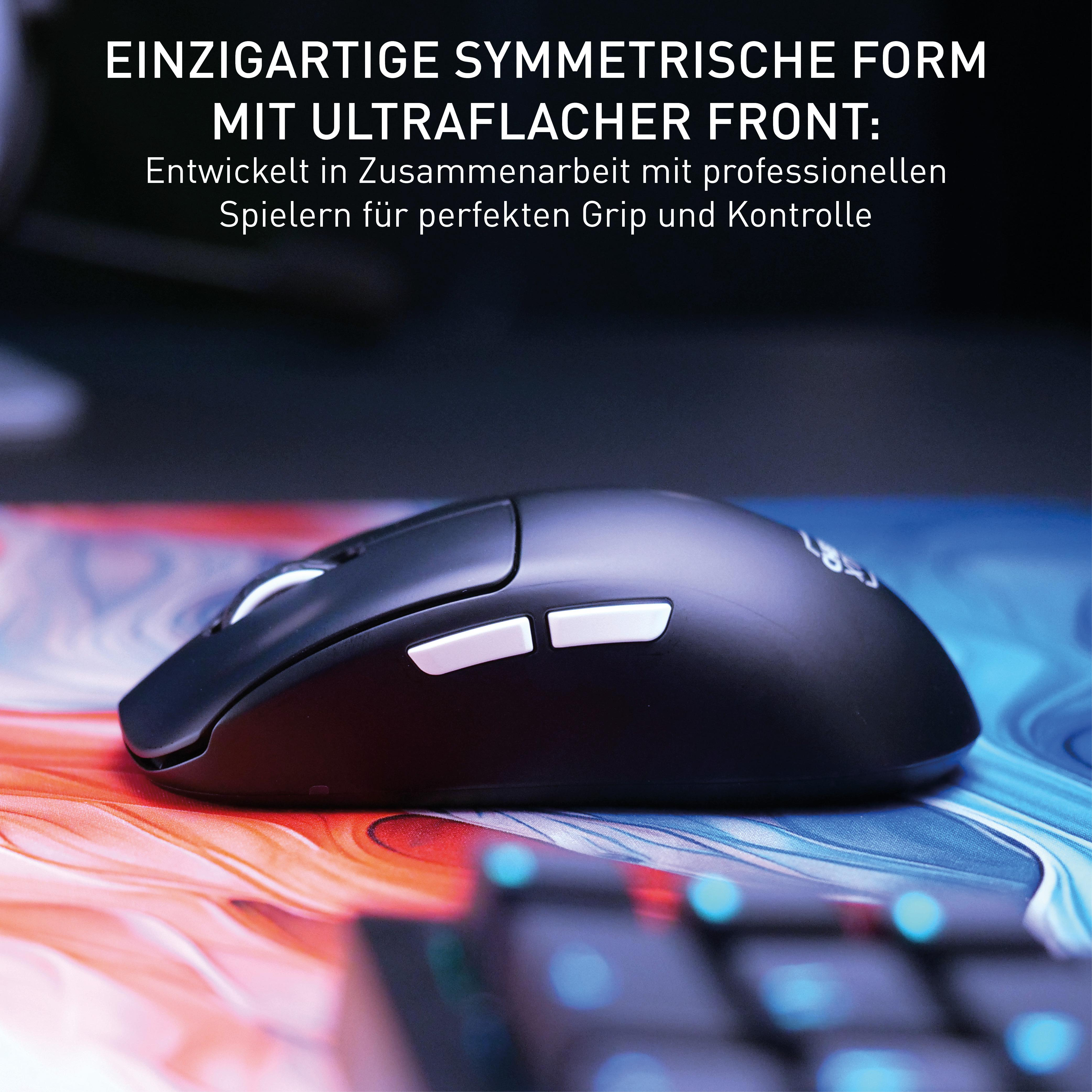 Eine schwarze Maus auf einem bunten Mauspads. Sie hat weiße Tasten und ist eine Gaming-Maus.