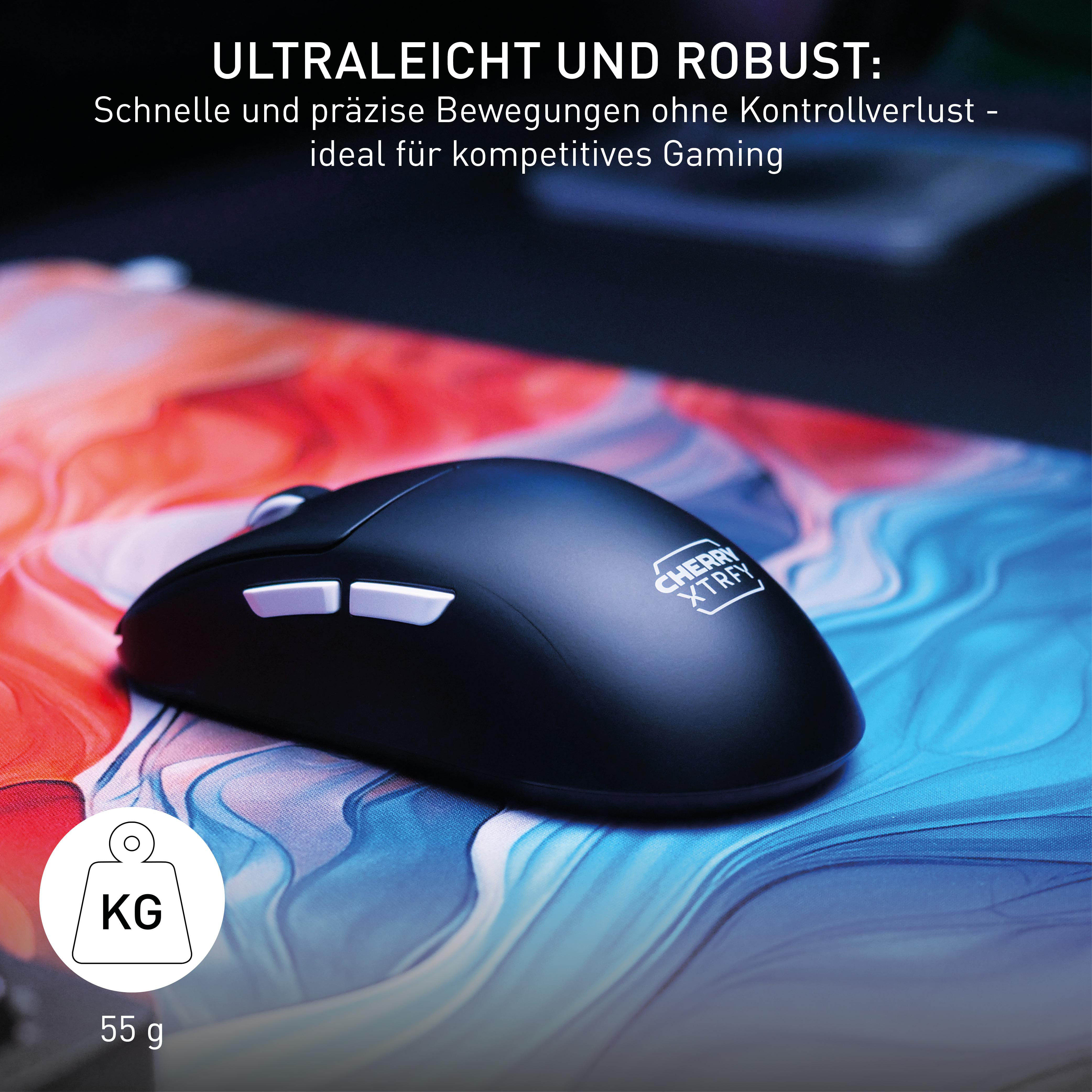 Schwarze Gaming-Maus auf einem bunten Mauspads mit Text.