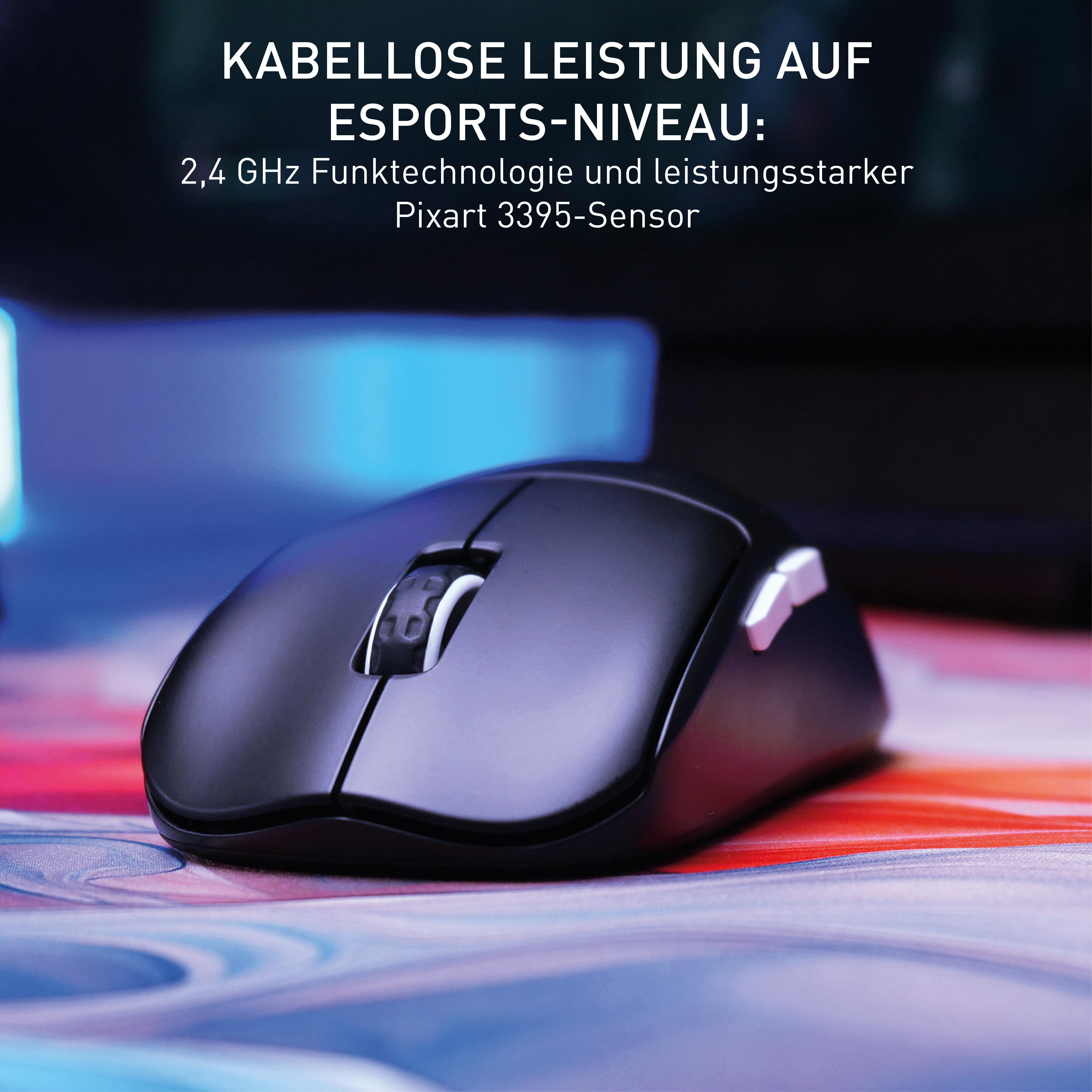 Schwarze Gaming-Maus mit Seitentasten auf bunter Oberfläche.