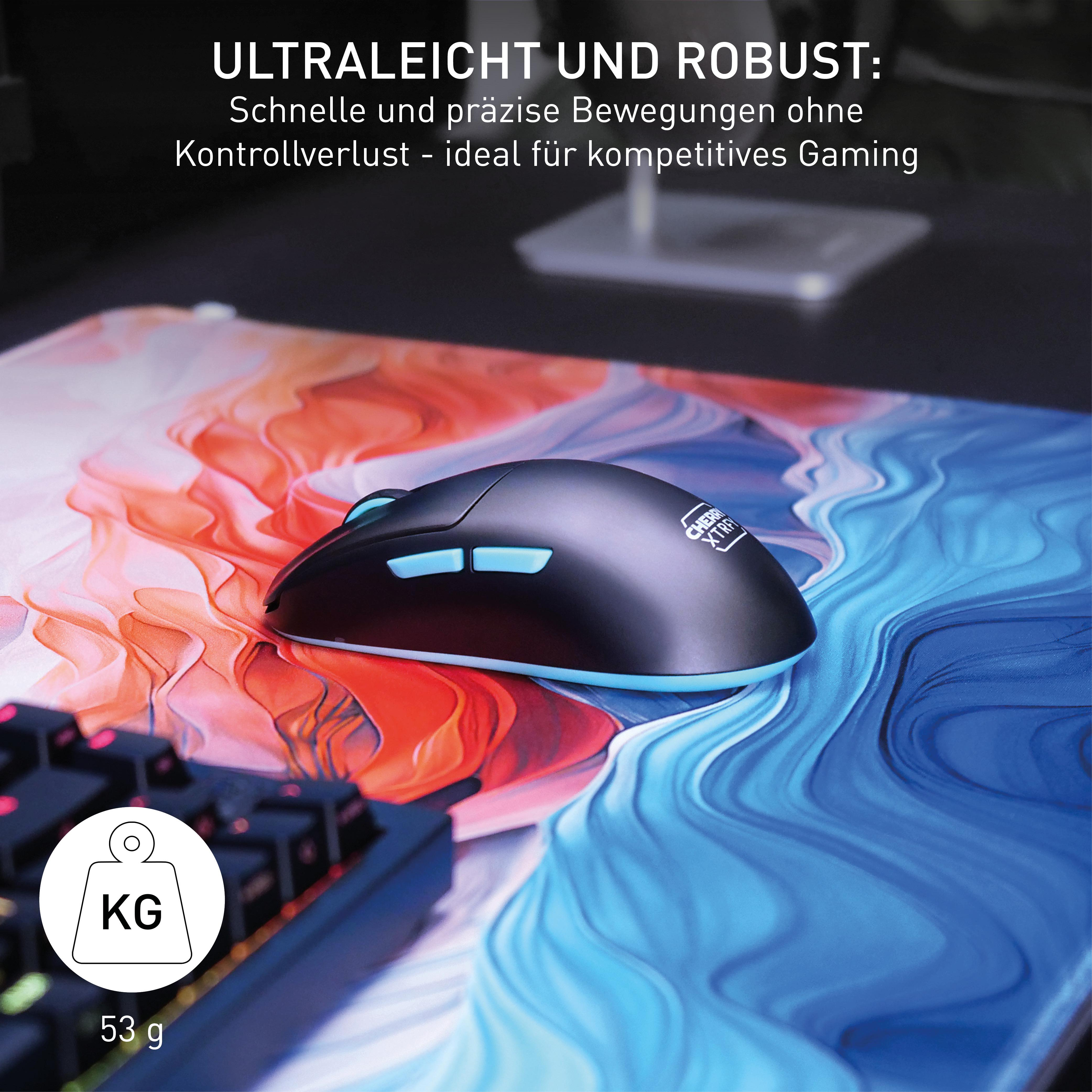Eine schwarze Maus auf einem farbenfrohen Mauspadd, mit Text über schnelle Bewegungen und geringes Gewicht.
