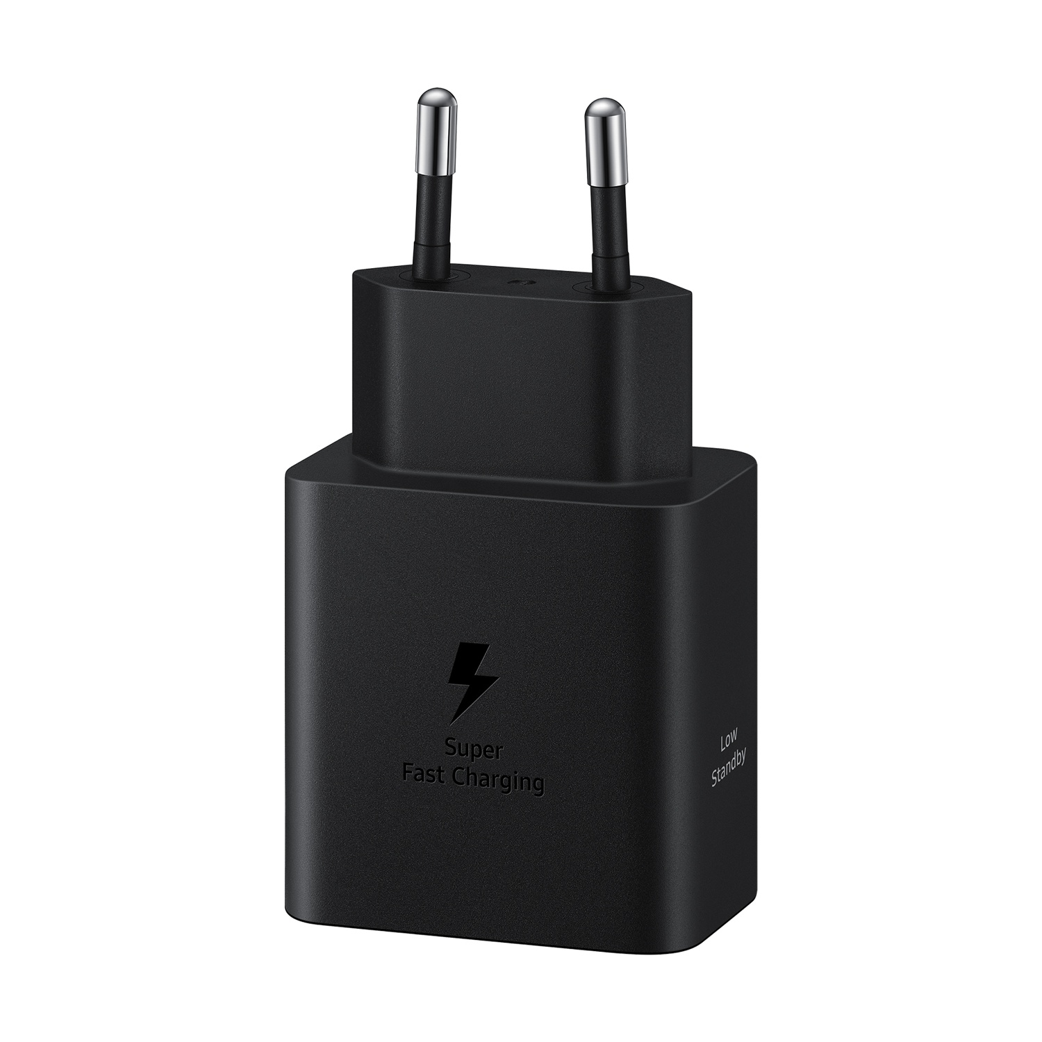 Caricatore nero con due spinotti, testo 'Super Fast Charging' e simbolo fulmine.