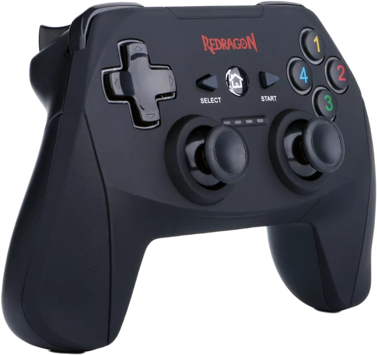 Fekete Redragon gamepad fekete felületen, gombokkal és analóg karokkal.