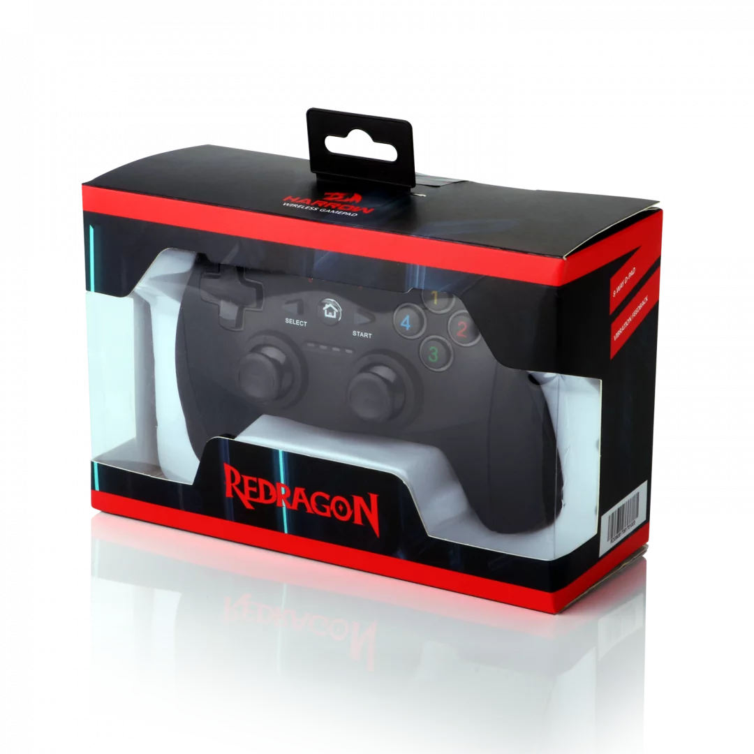 Fekete Redragon vezeték nélküli gamepad piros díszítéssel ellátott dobozban.