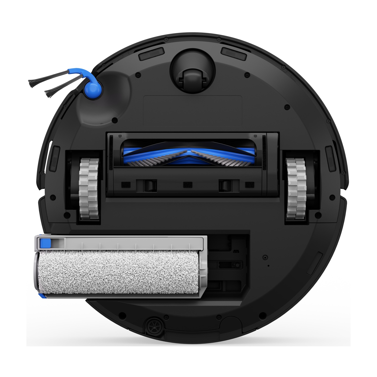 Vista inferiore di un aspirapolvere robot nero, che mostra spazzole, ruote e un vano per la polvere.