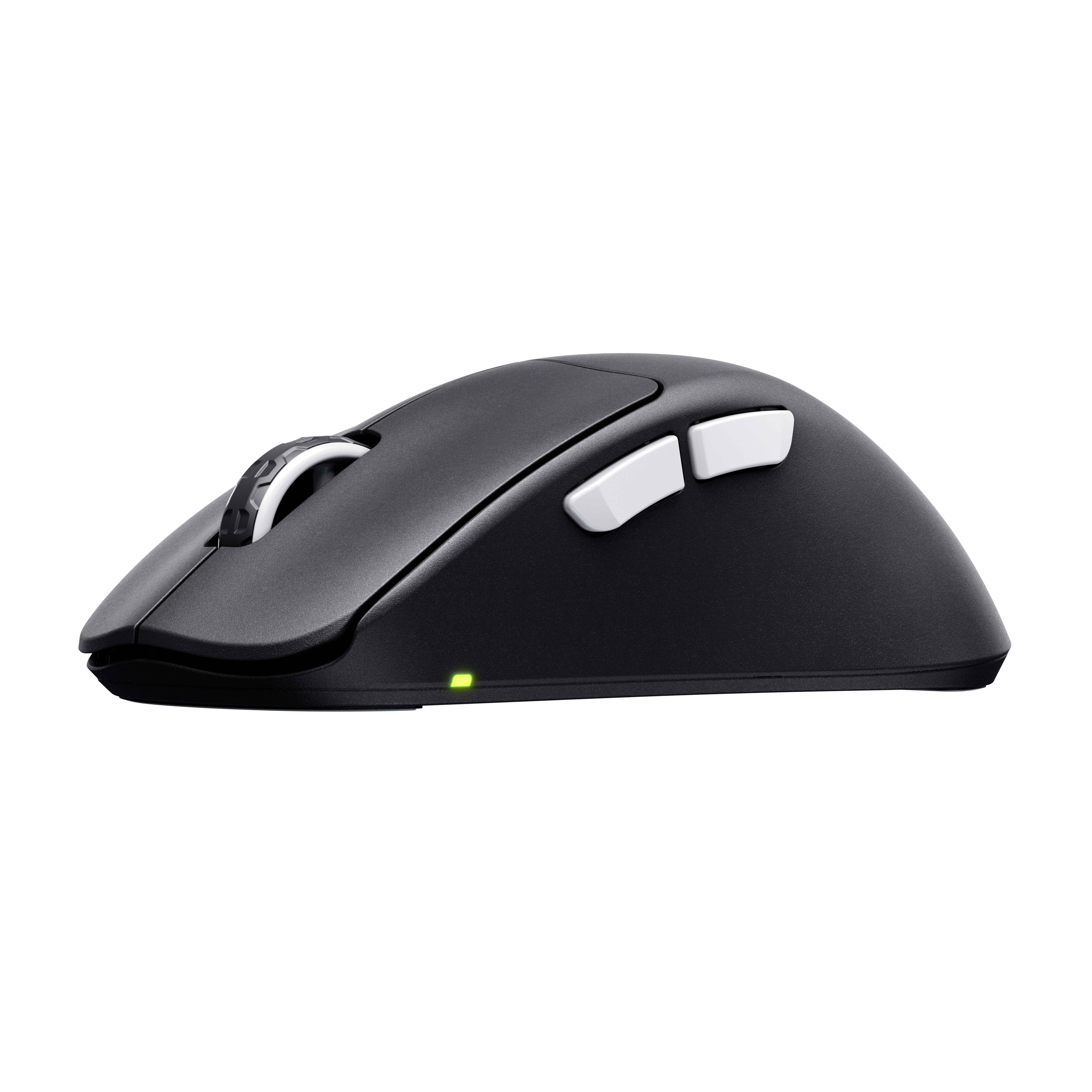 Schwarze Gaming-Maus mit weißen Tasten, grünes Licht.
