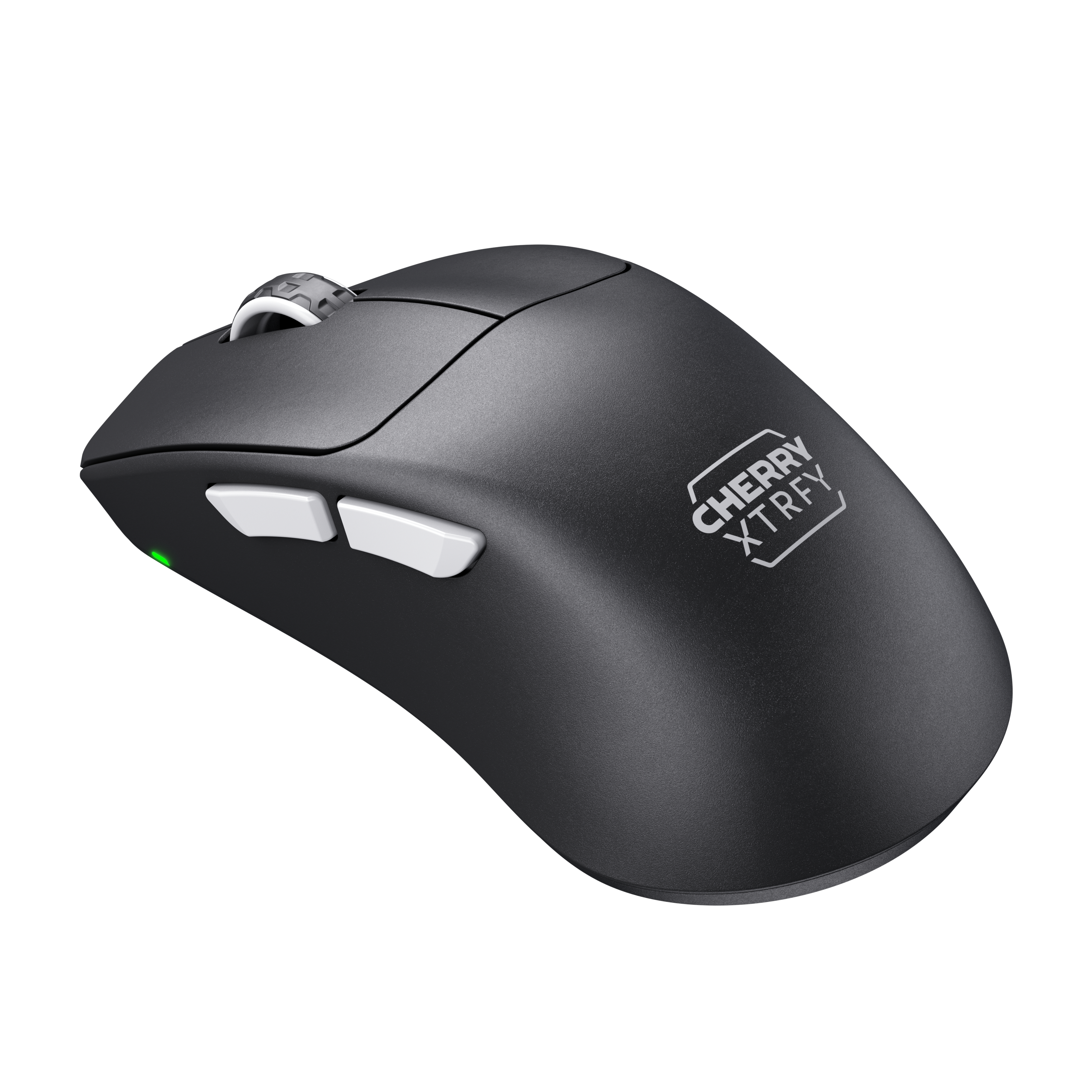 Schwarze Gaming-Maus. Sie hat zwei weiße Tasten und ein Scrollrad. Die Maus ist schwarz. Weißer Hintergrund.