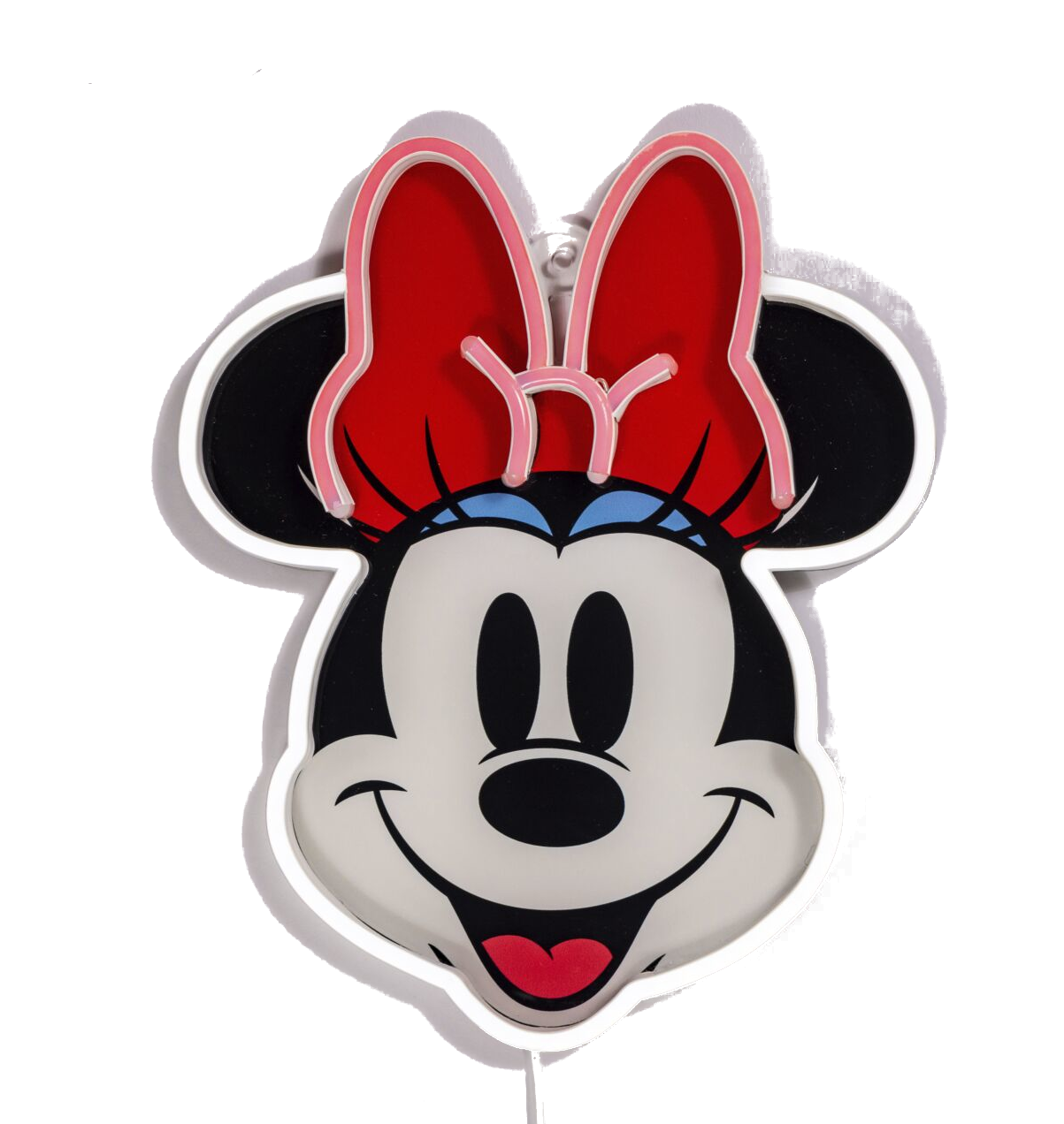 Neonowe światło z twarzą Myszki Minnie, czerwona kokarda, biały kontur.