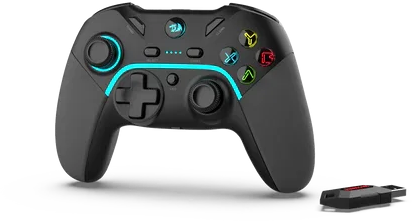 Fekete gamepad kék LED-es díszítéssel és USB-vevővel.