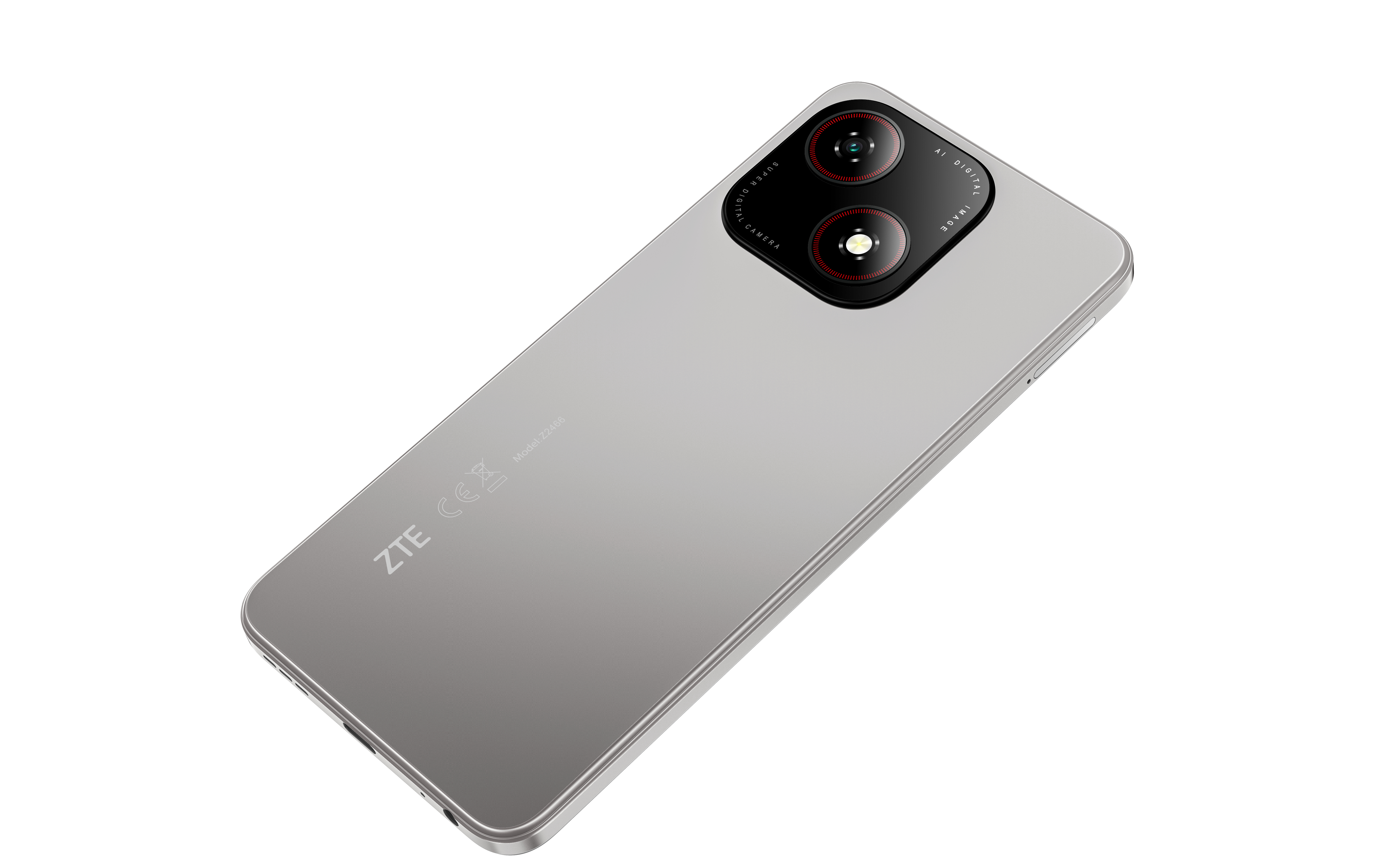 Silbernes ZTE-Smartphone mit zwei Rückkameras, das Telefon ist angewinkelt, um die Rückseite zu zeigen.