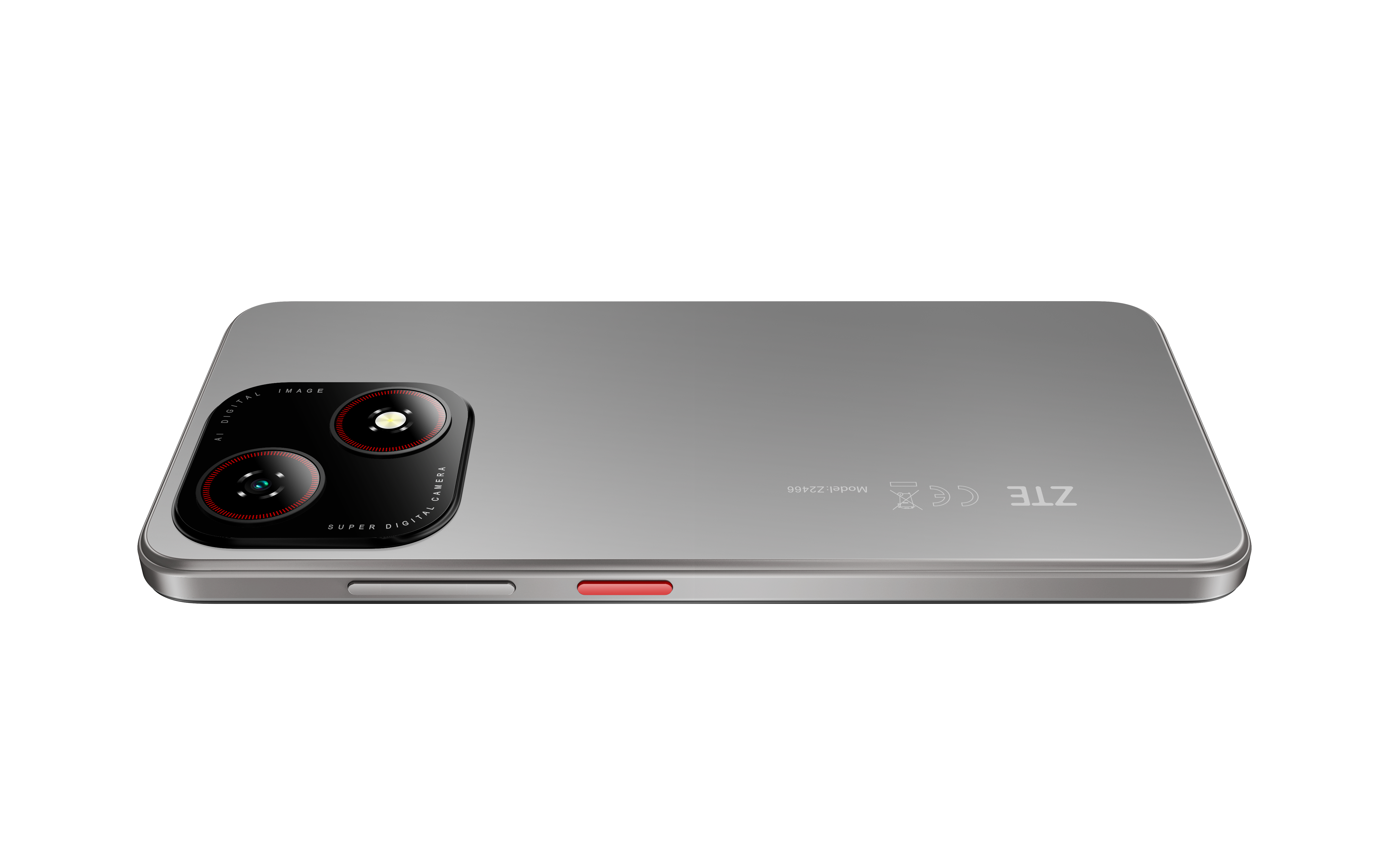 Silbernes ZTE-Smartphone liegt flach, zeigt Rückkamera und Seitentasten, auf weißem Hintergrund.