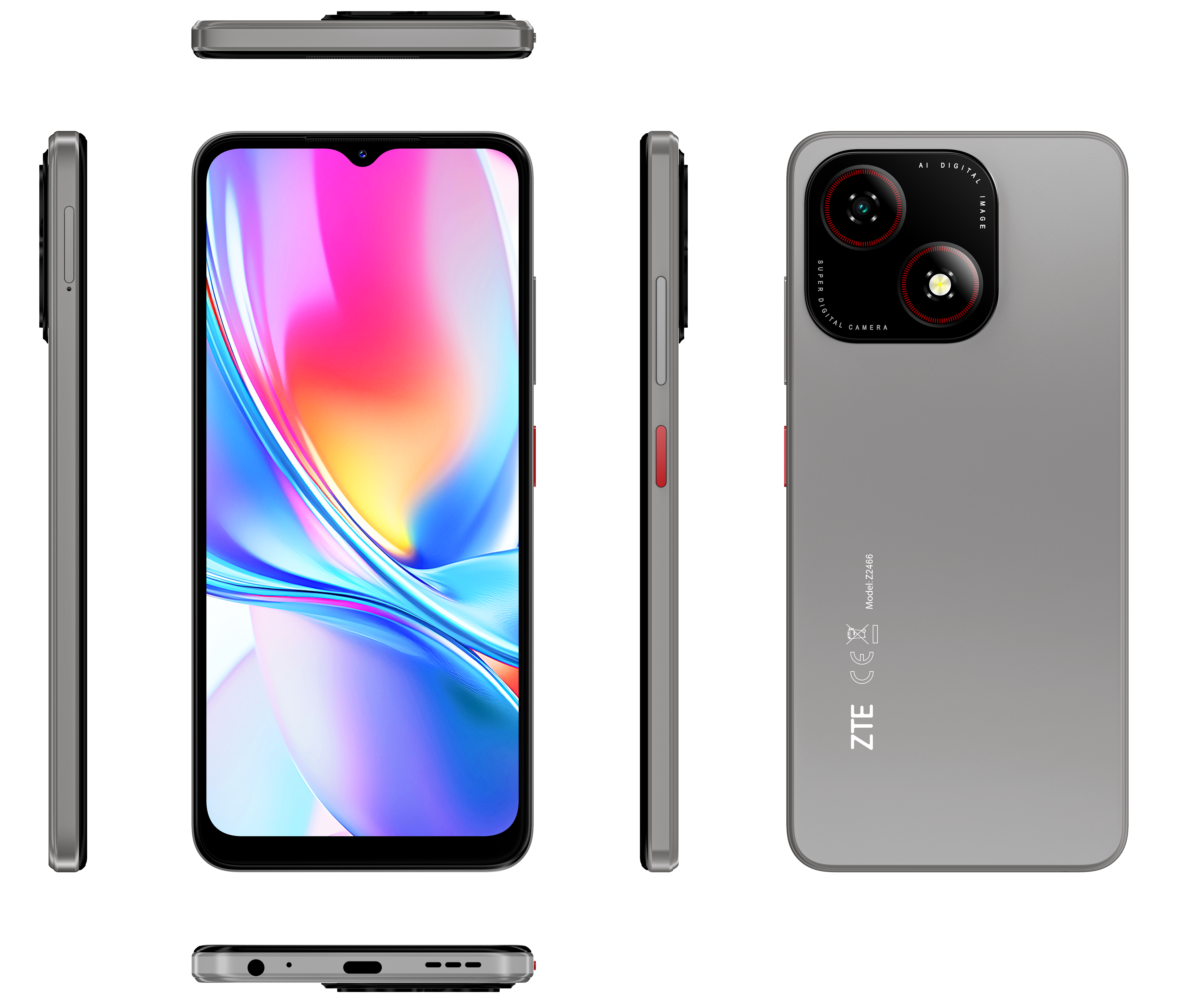 Ein graues Smartphone in mehreren Ansichten. Es hat eine Kameraerhebung und einen roten Knopf.